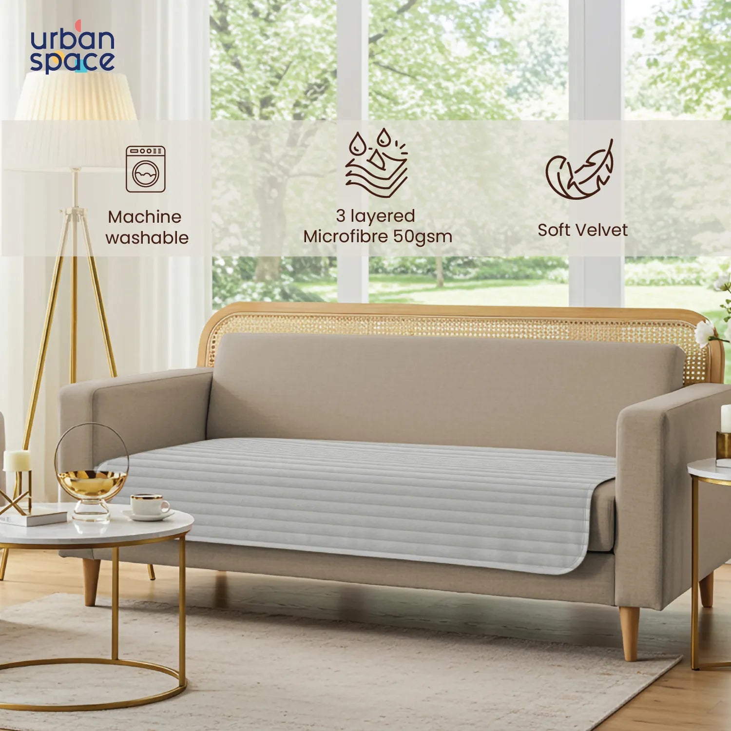 Anti Skid Quilted Velvet Sofa Mats, Light Grey