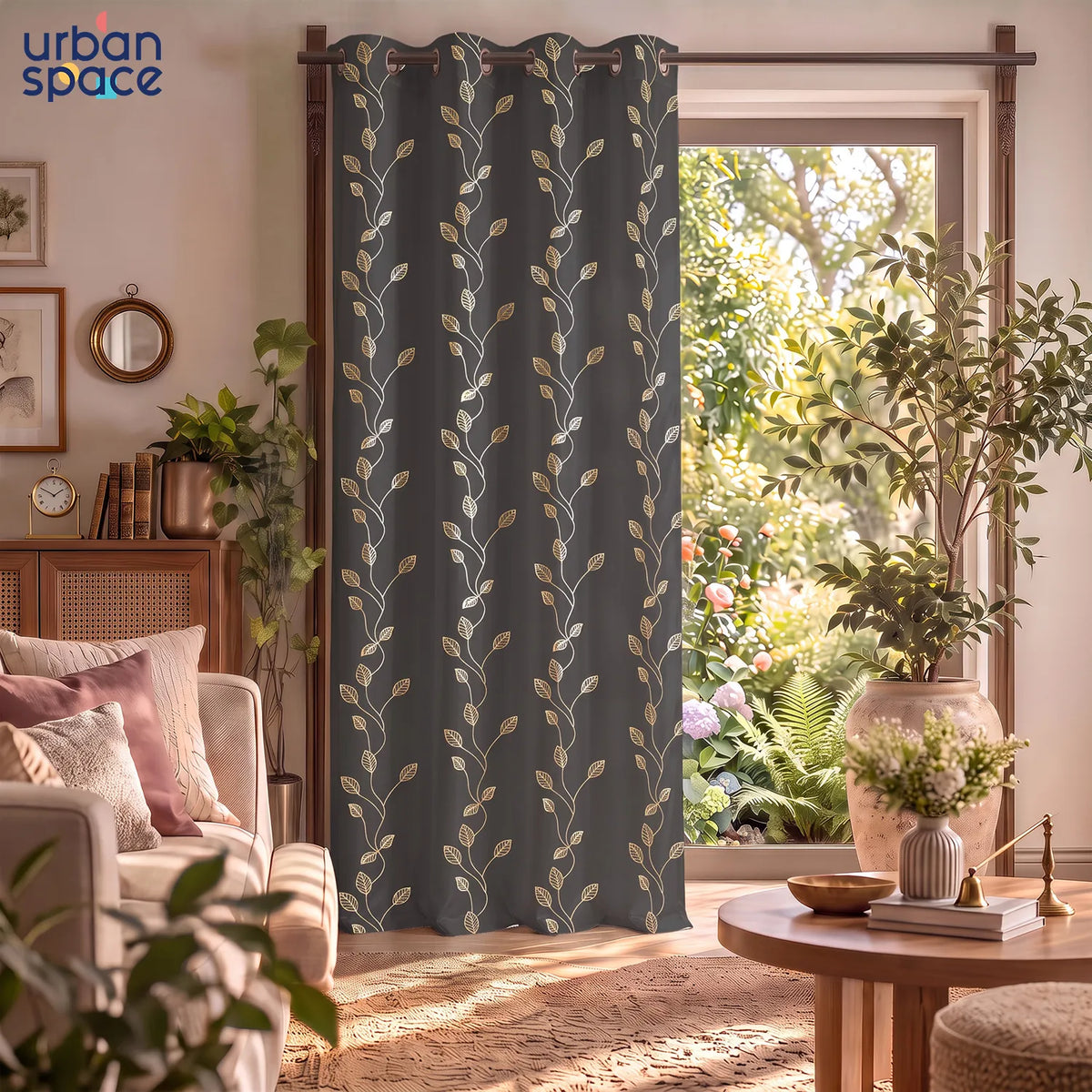 Gold Foil Printed 80-85% Blackout Curtains - Pack of 1 - Leaf- Grey