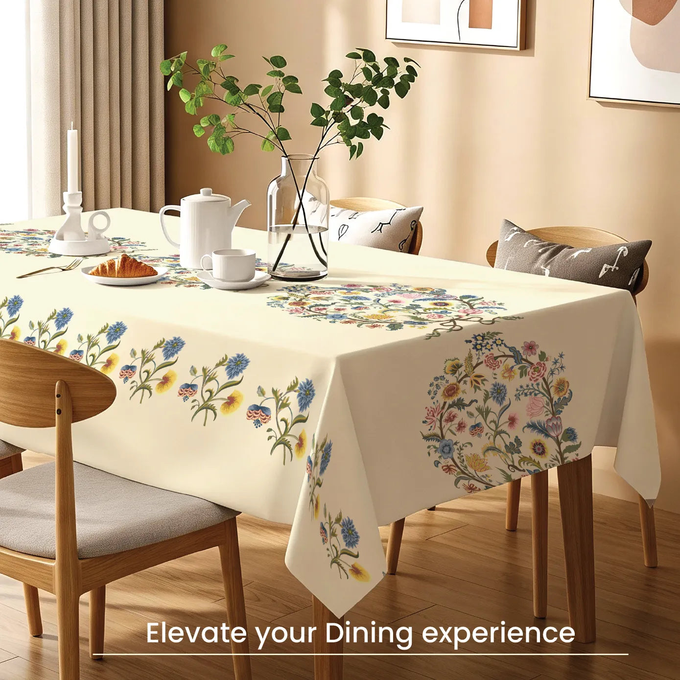Sicilia Anti Skid & Water resistant Linen textured table cloth for dining table, table cover for center table  - White Paisley