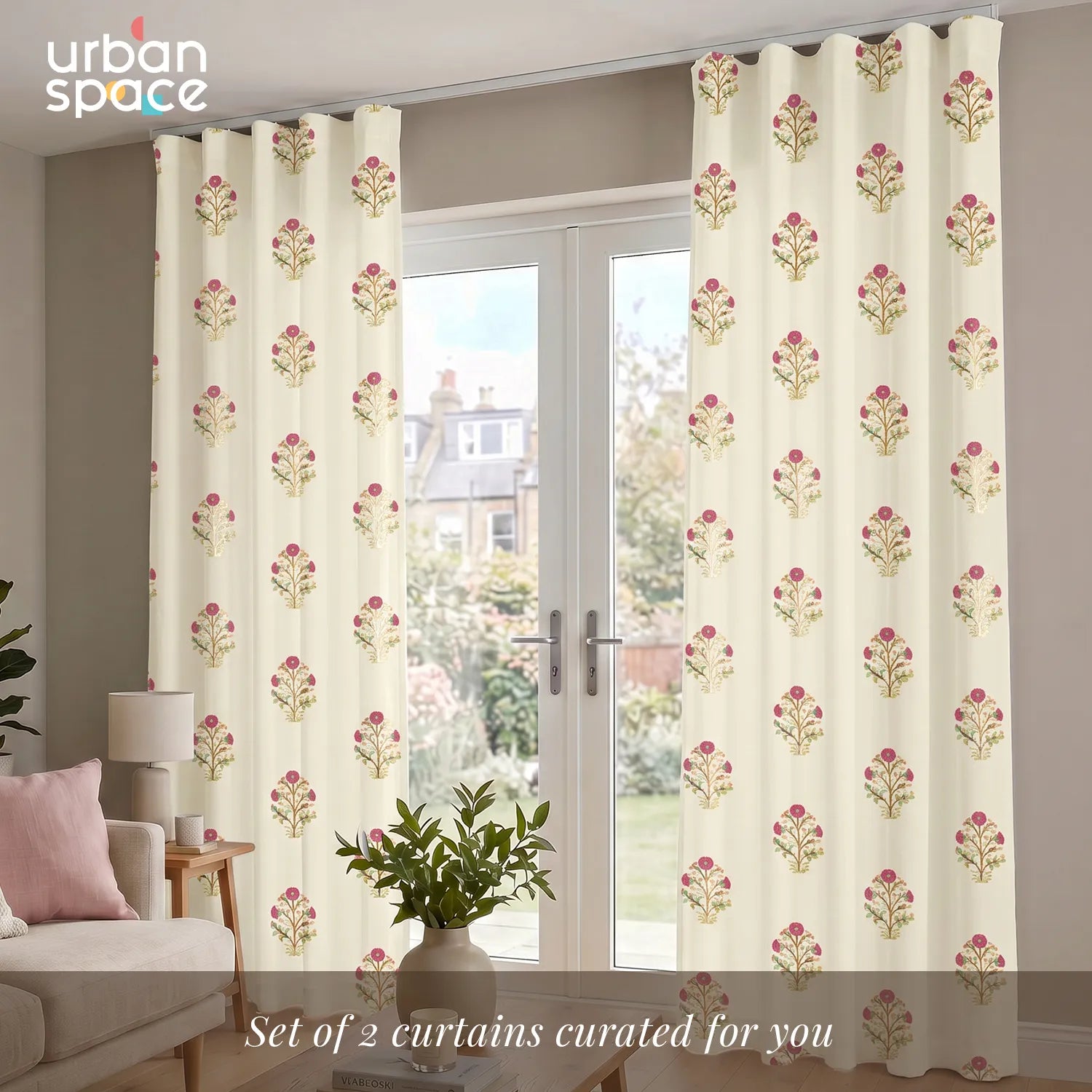 100% Cotton Curtains for Living Room, Bedroom curtains with Track Channel - Pack of 2 curtains, Zari Mohar Pink Gold