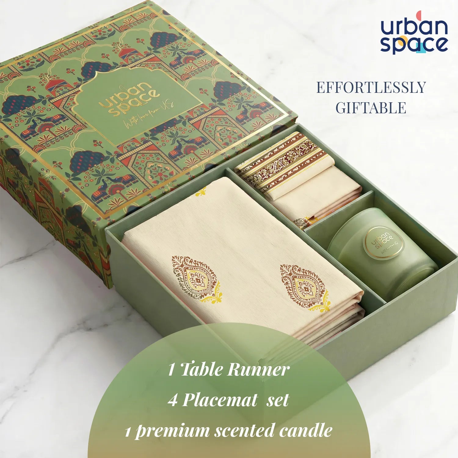 Table Runner and Set of 4 Placemats in Giftbox with Premium Scented Candle - Zari Buta Brown gold