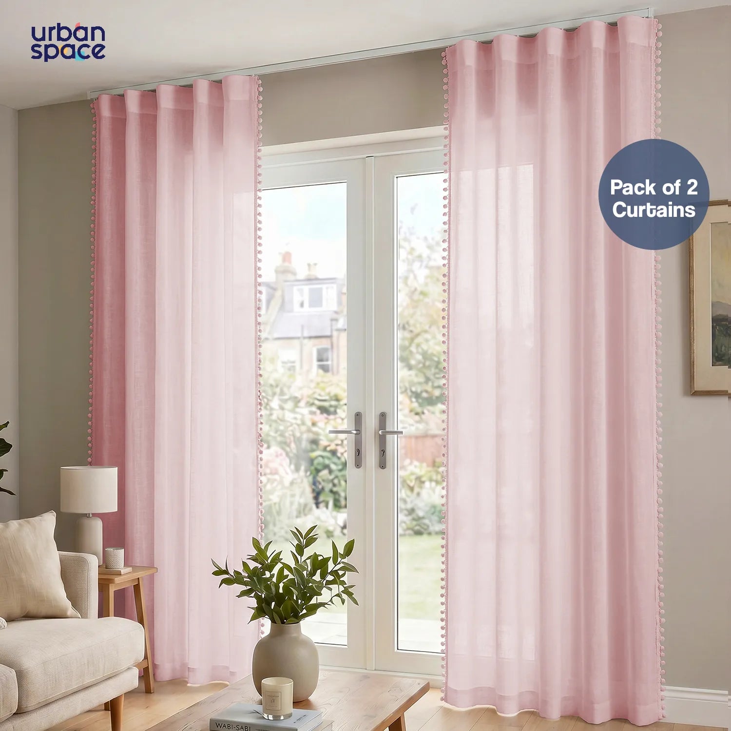 Sheer Curtain for Living Room with linen texture & Track Channel, Net Curtain for balcony, Pack of 2 Curtains -  Blush Pink with pom pom