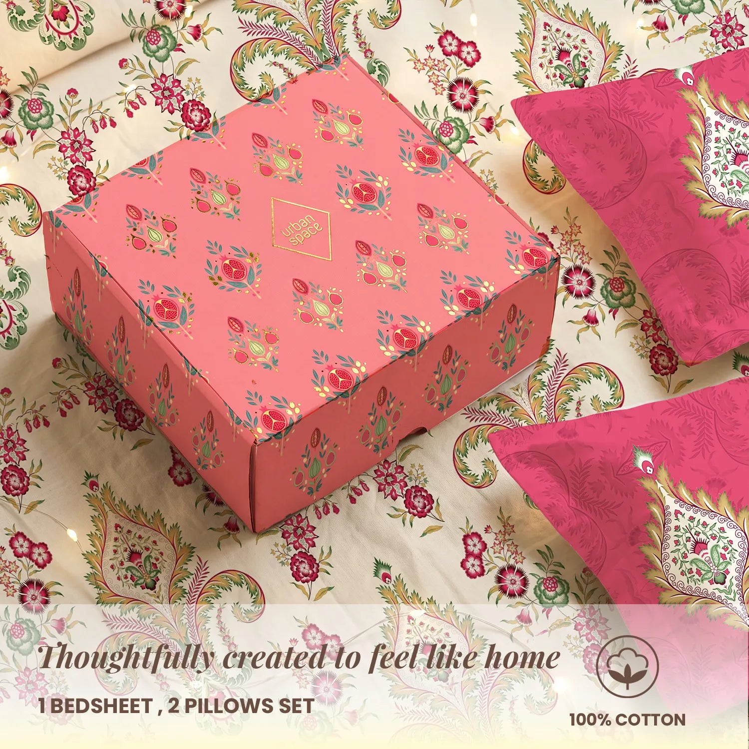 144 TC 100% Cotton Bedsheet Set in Gift Box - Motif Red