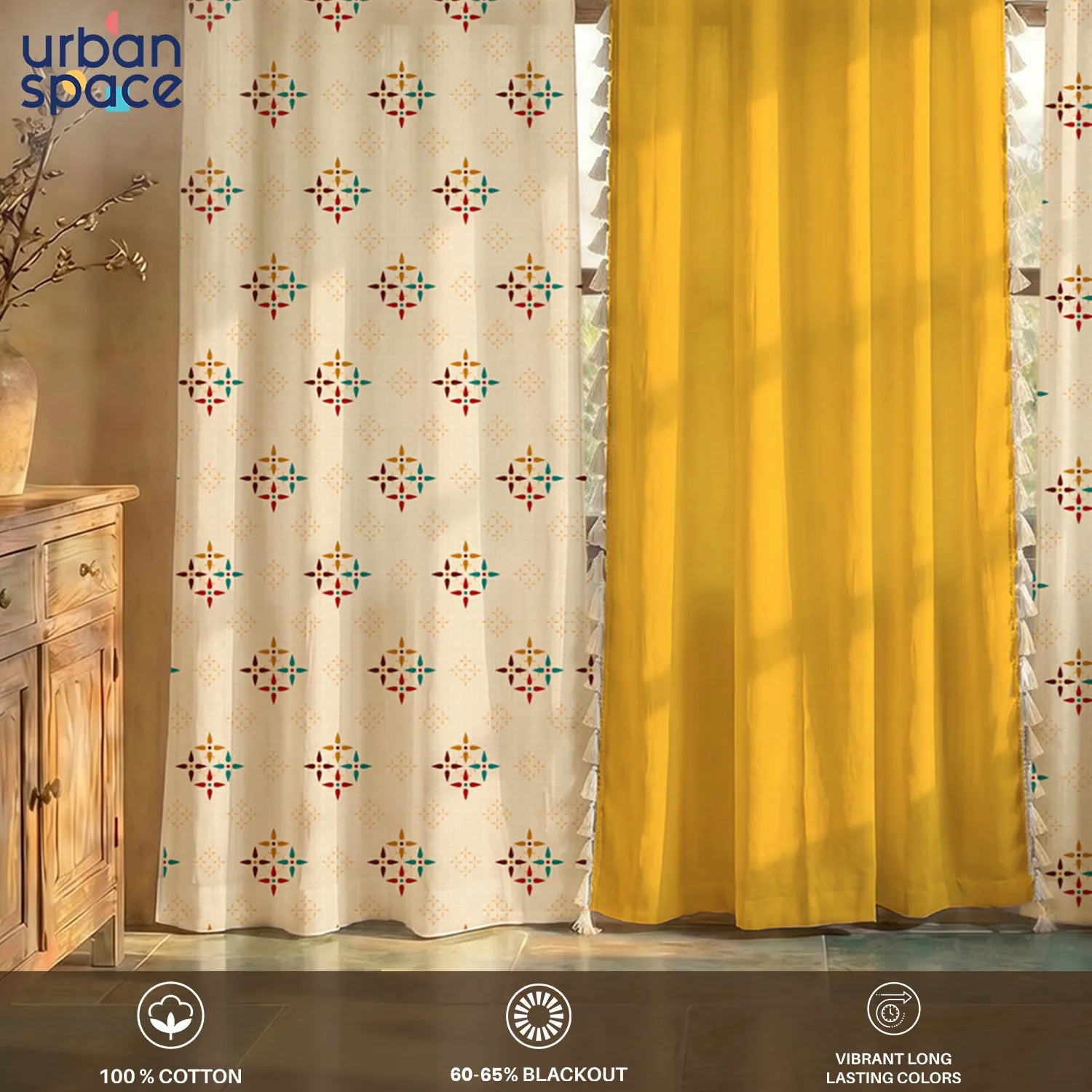 Cotton Curtains Combo, Set of 3 curtains, 60-65% Room Darkening Curtain - Mosaic Yellow & Aura Yellow
