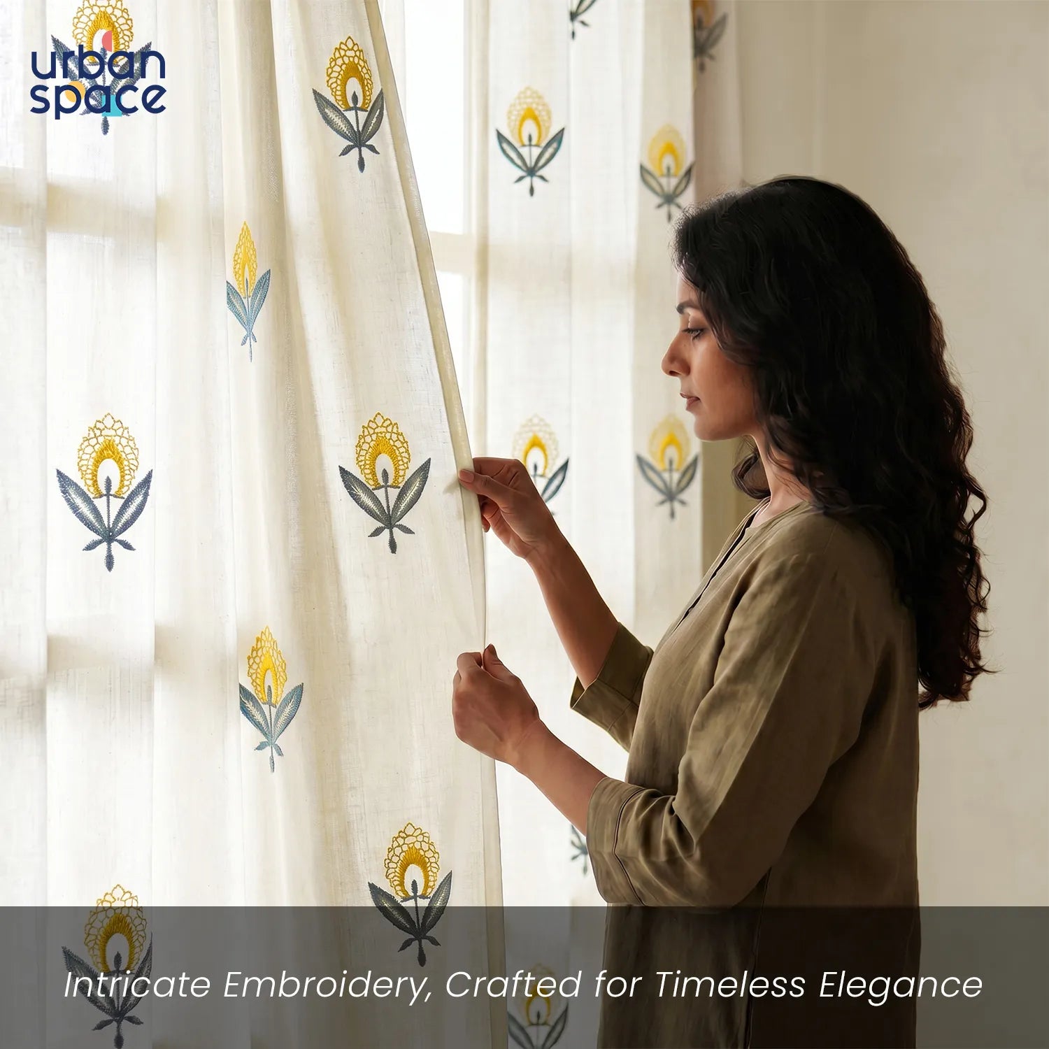 Embroidered Light Filtering Curtains, Pack of 1 - Saanjhi Yellow Teal