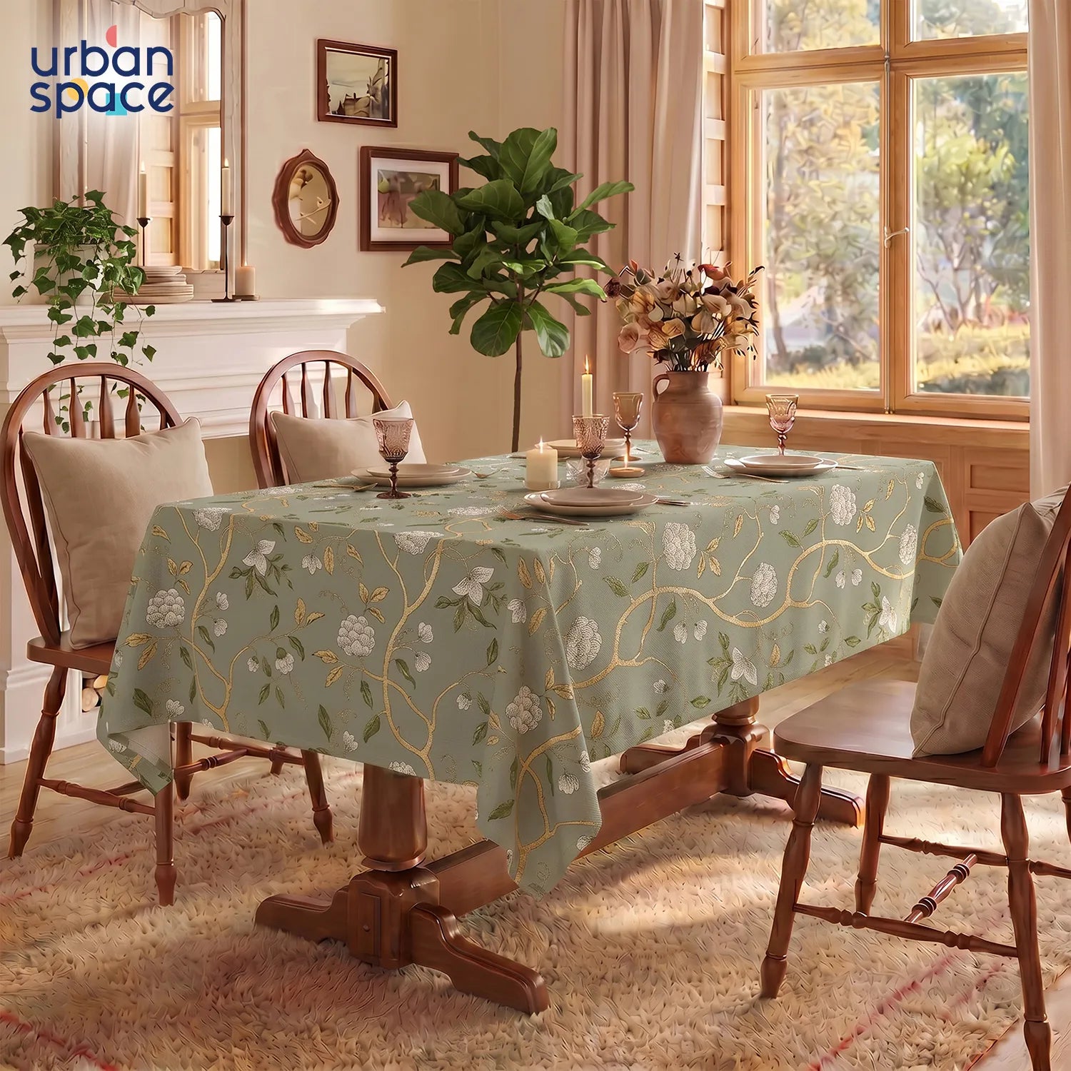100% Cotton Table cloth/ table cover for 4 or 6 seater Dining / Centre Table - Zari Baagh Sage Green Gold