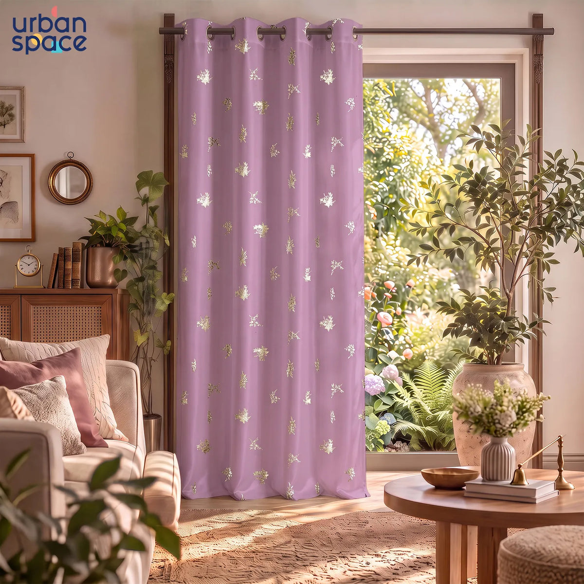 Crackle Lilac Gold Foil Printed 100% Blackout Curtain – Pack of 1