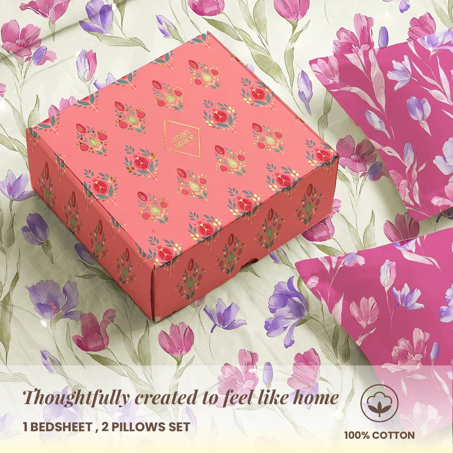 144 TC 100% Cotton Bedsheet Set in Gift Box - Autumn Pink