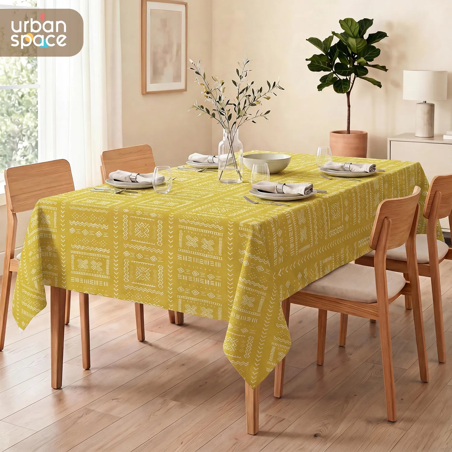 100% Printed Cotton Dining Table Cover for 4 & 6 Seater - Zahara Mustard