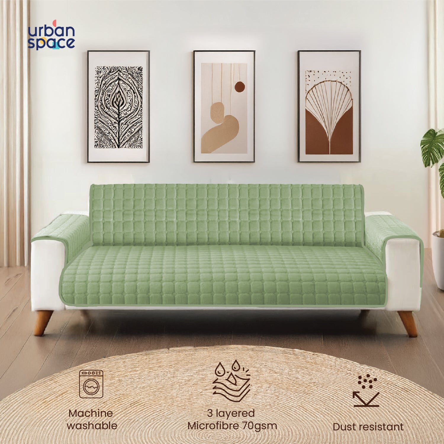 Quilted Microfiber Sofa Cover, Comes With Side Pockets & Strap, Washable - Sage Green