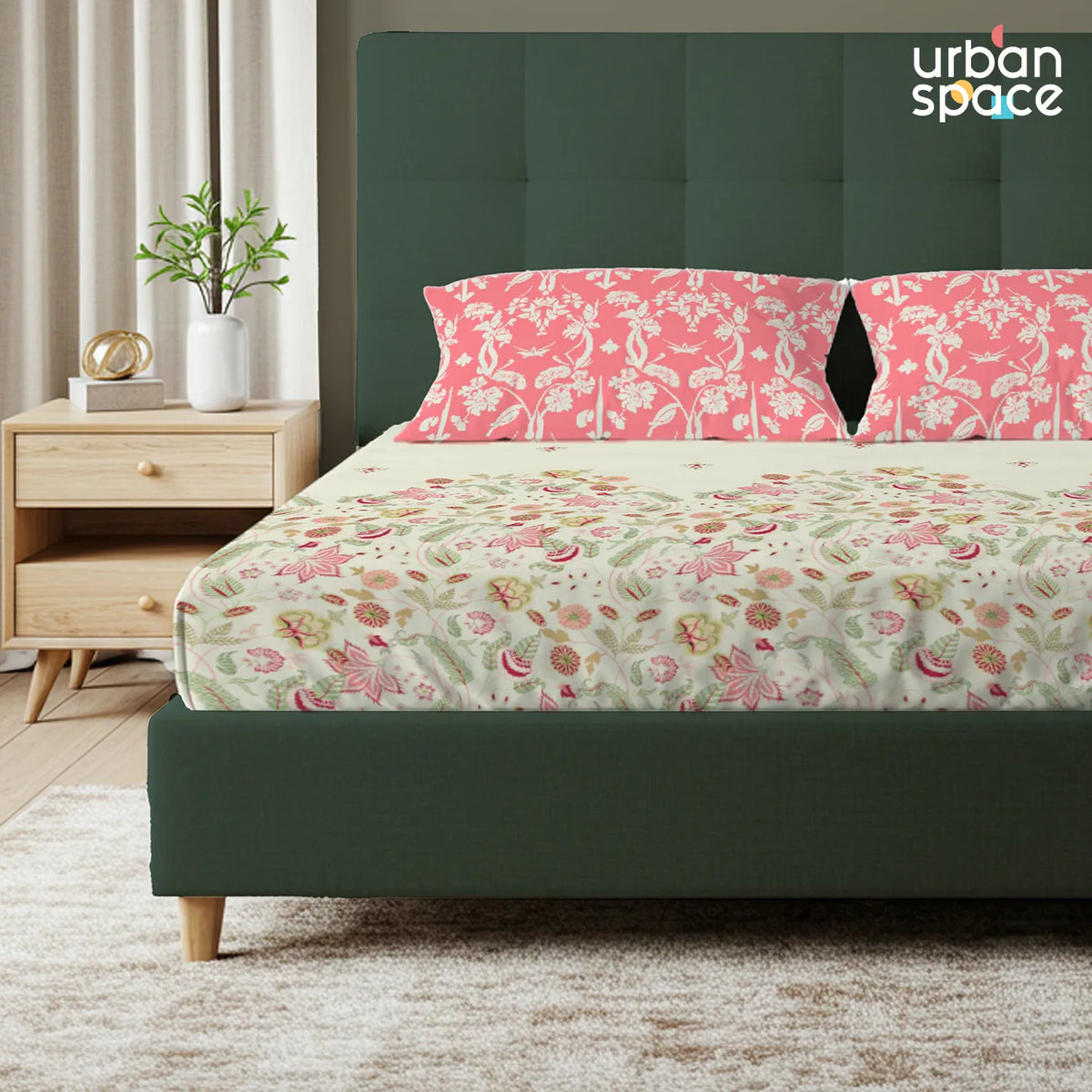 Serene 200 TC 100% Cotton Bedsheet with Pillow Covers - Vine Gardens Peach Pink