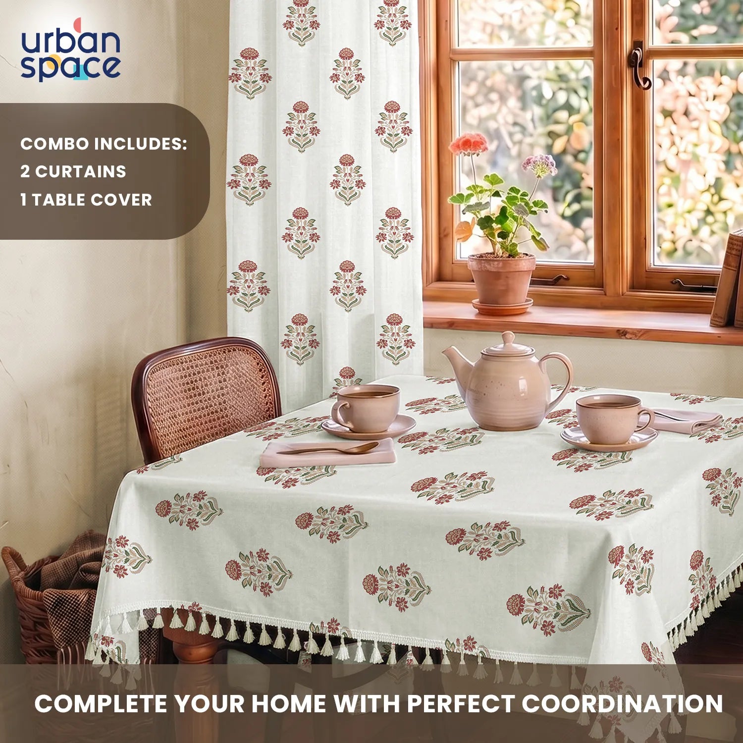 100% Cotton Pack of 2 Curtains & Table Cover Combo for Living Room - Liberty Maroon