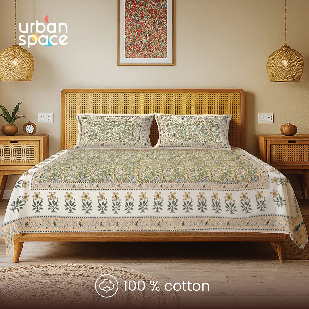 Rajasthani Ethnic 100% Cotton Bedsheet with 2 Pillow Covers, King Bed - Rangrez Yellow