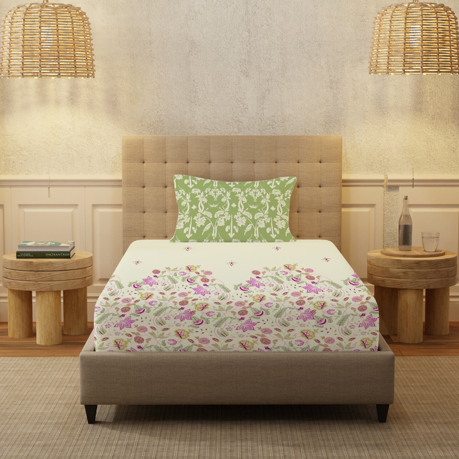 Serene 200 TC 100% Cotton Single Bedsheet with Pillow Covers - Vine Gardens Sage Green