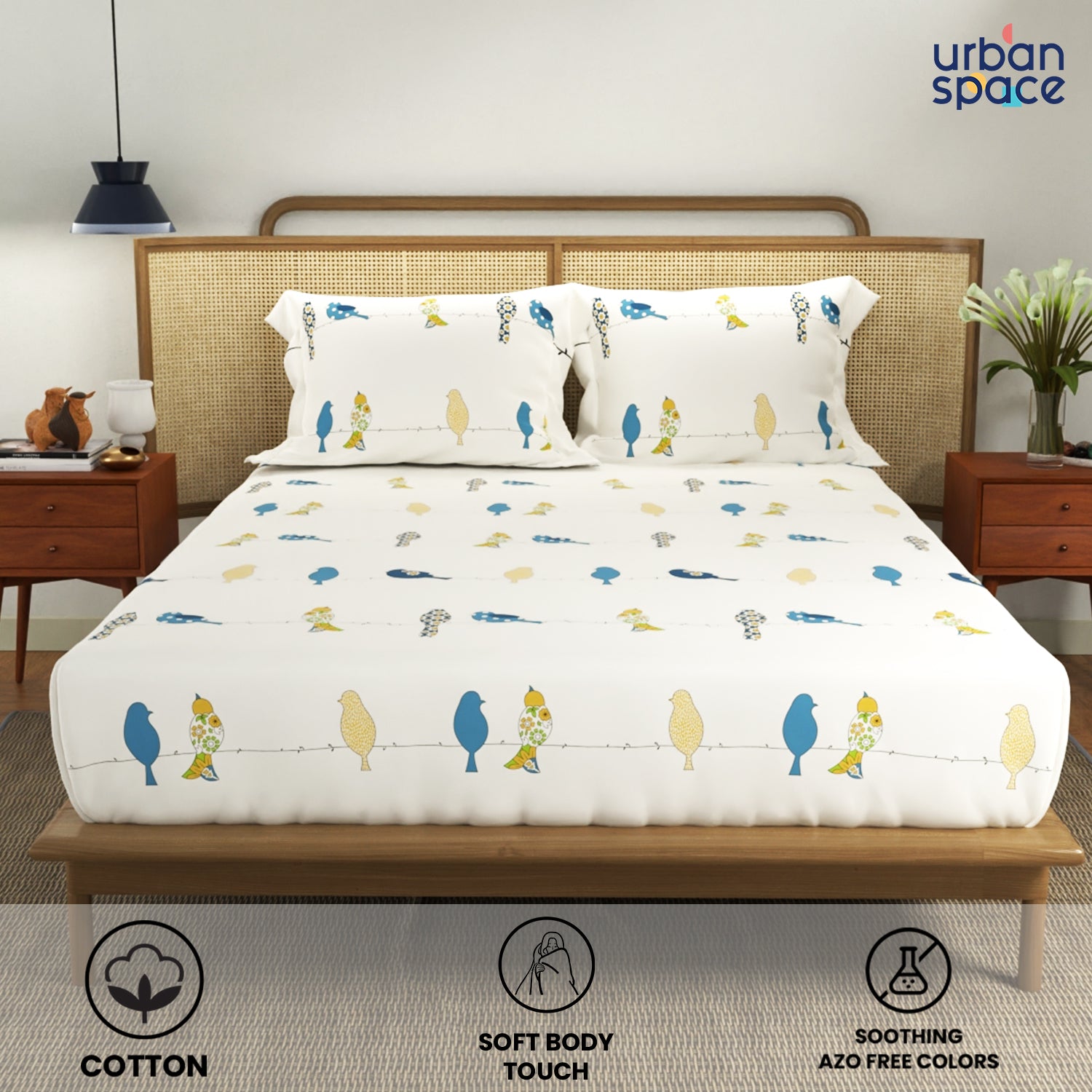 Divine Collection - 144 TC 100%  Cotton Bedsheet with 2 Pillow Covers- Humming Bird Blue