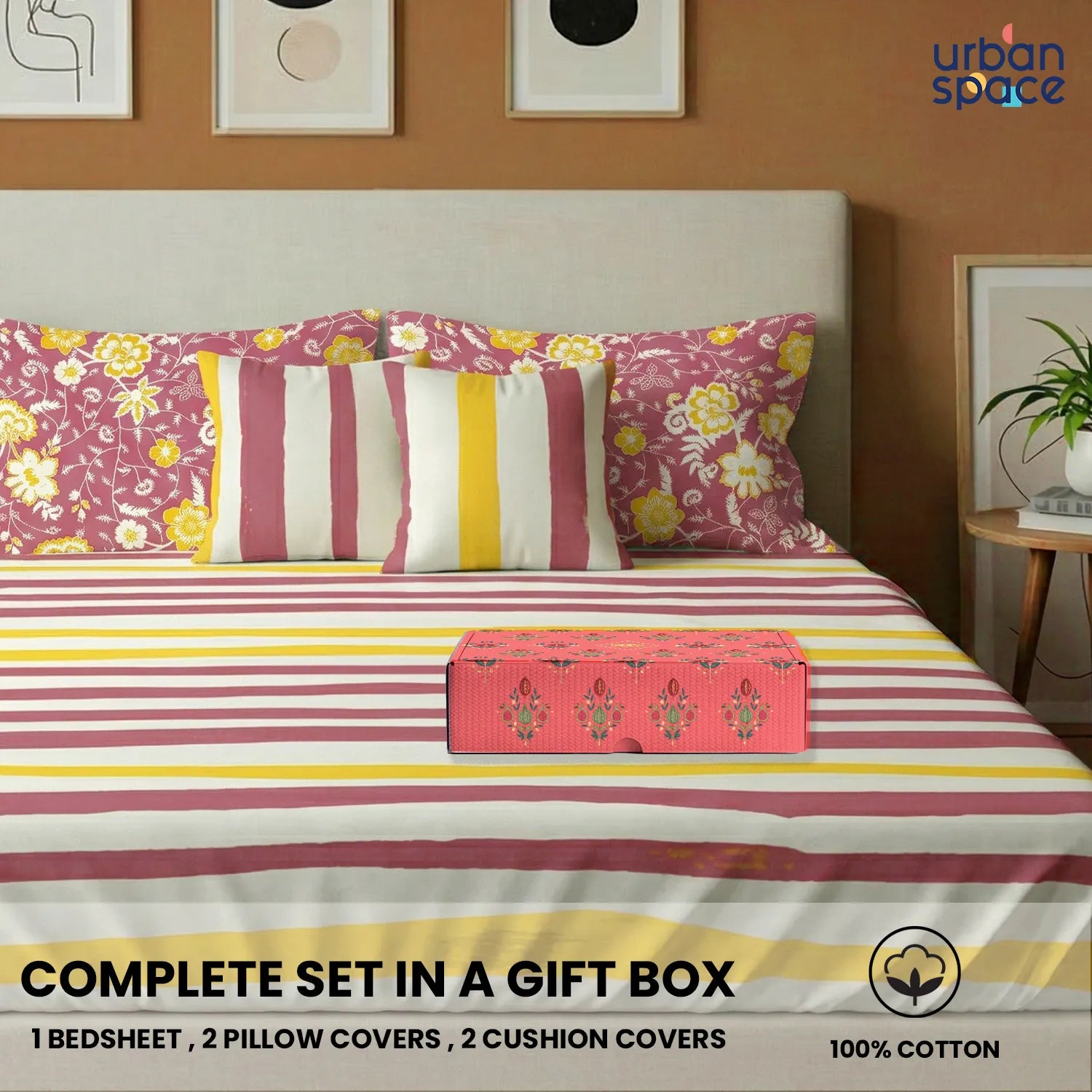 5 PC Cotton Bedsheet Set, Double/Queen Bedsheet in Giftbox- Streak Muddy Pink