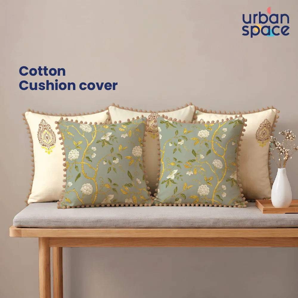 Festive Cushion Covers for Sofa & Couch, Set of 5 - Zari Buta Brown Gold, Zari Bagh Sage Green With pom