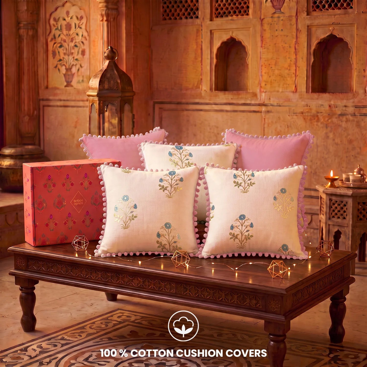 Set of 5 Foil Printed Cotton Cushion Covers in Giftbox - Zari & Aura Dusty Pink