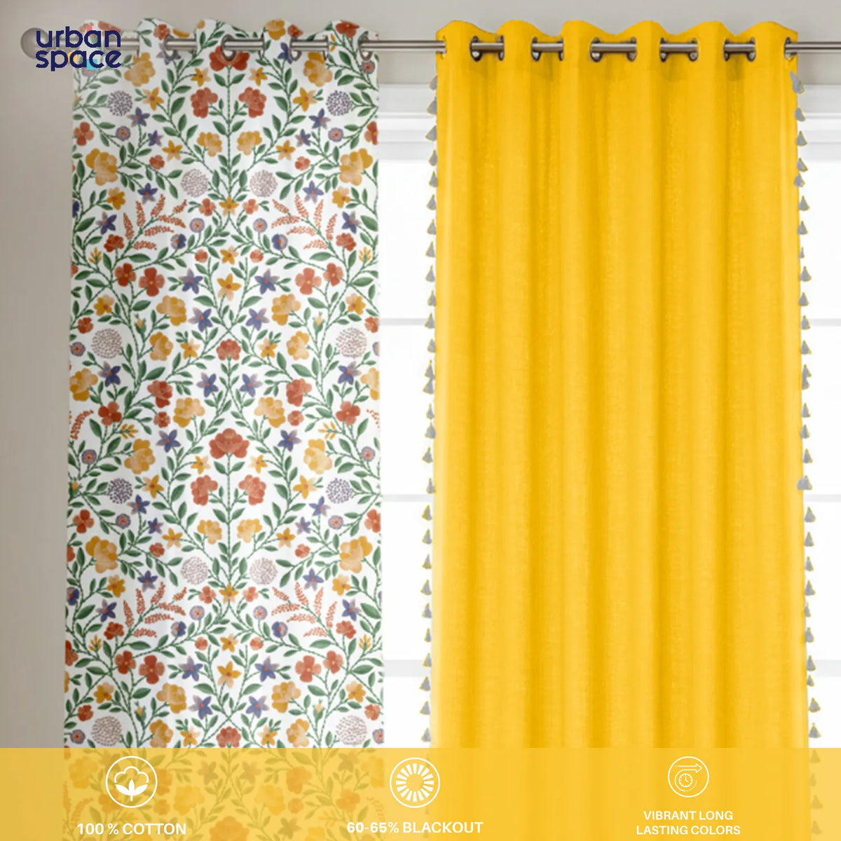 Set of three 7-foot cotton curtains with bright yellow solid panels and multicolored floral print panel with grommet tops.