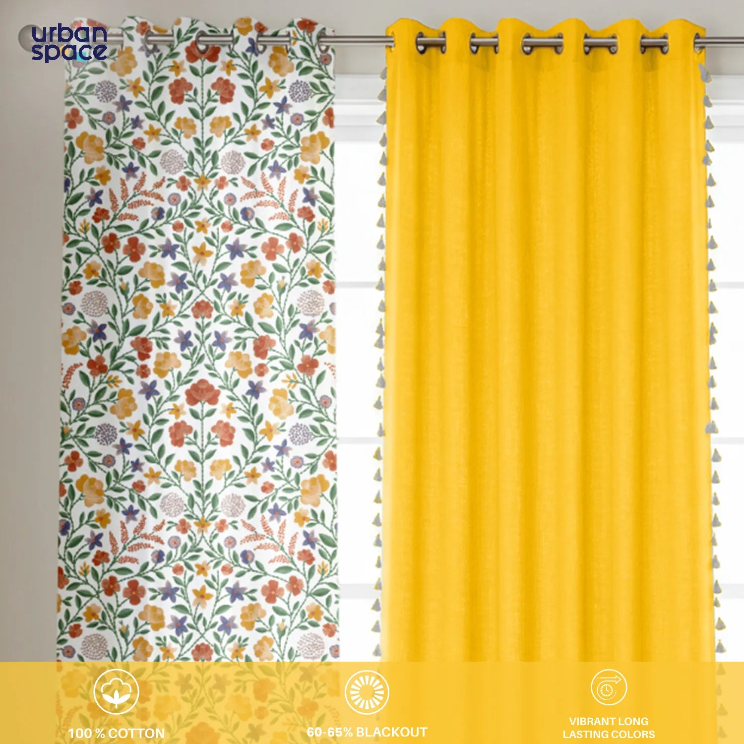 Vasant & Aura Yellow Room Darkening Cotton Curtains Combo – Set of 3