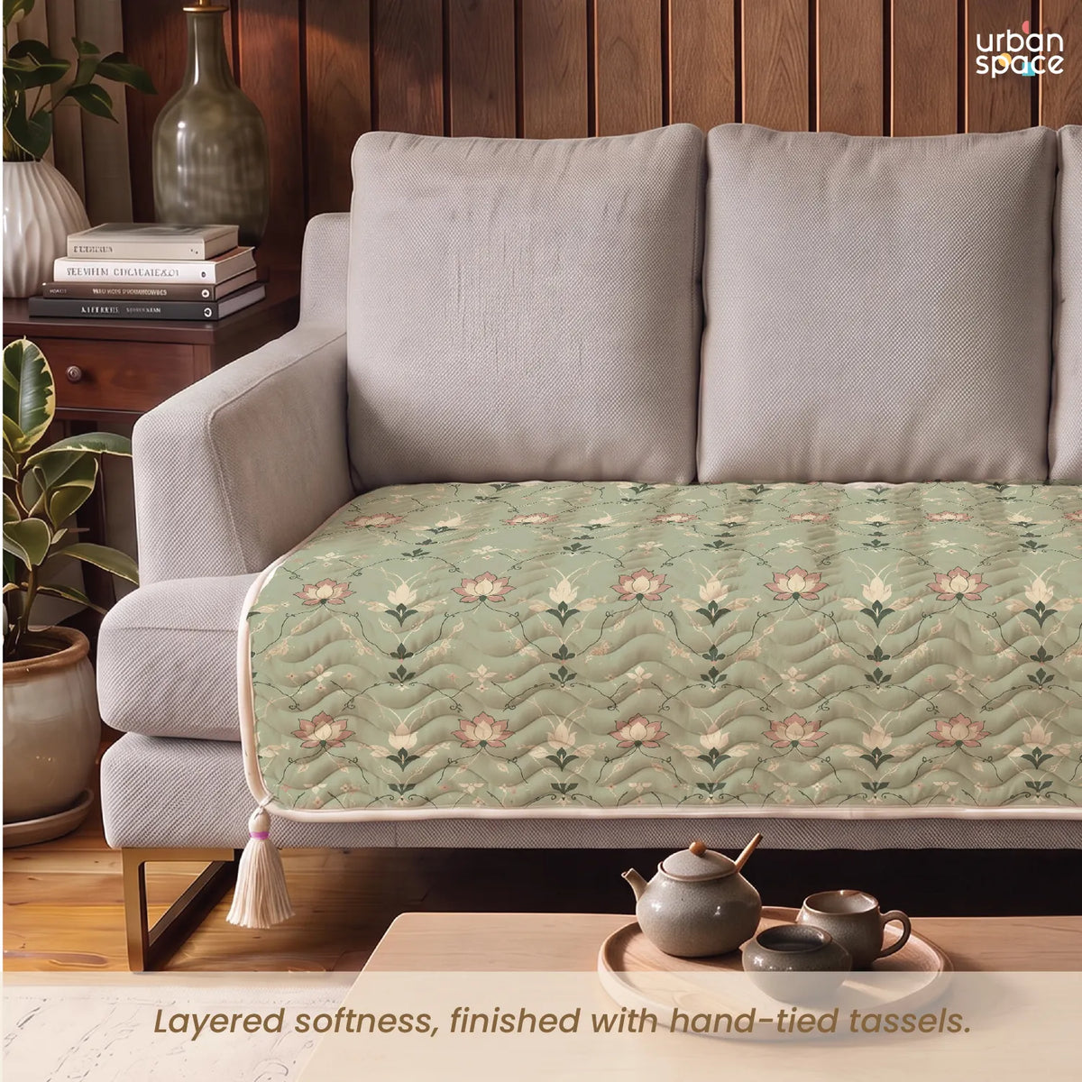 Anti Skid Quilted & Printed Velvet Sofa Mats with Tassels - Lotus Garden Sage Green
