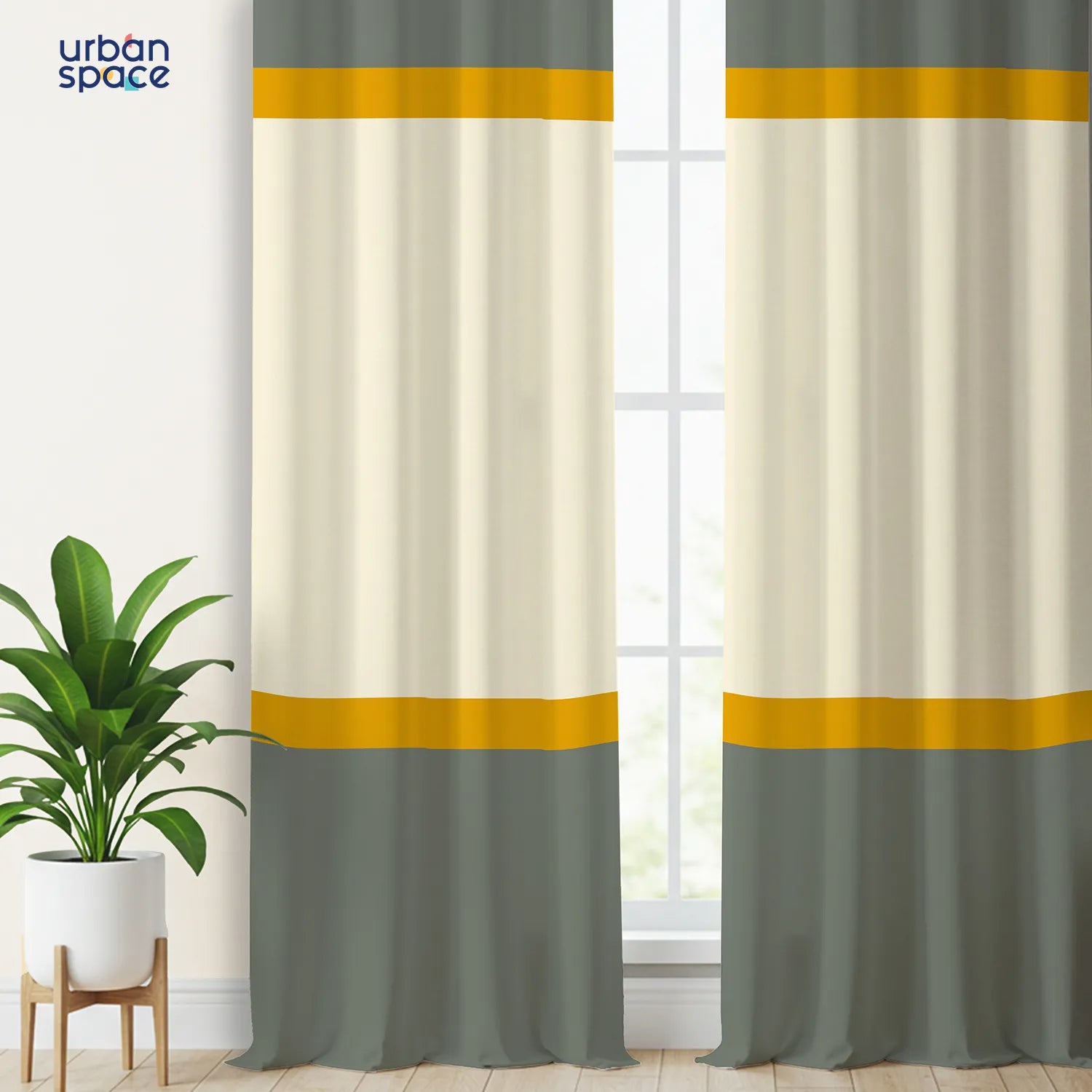 100% Cotton Panel Curtains for Living Room, Bedroom Curtains, Pack of 2 Curtains - Forest Bands Cream