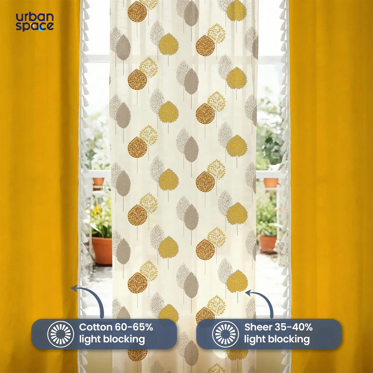 Set of three curtains with solid mustard yellow cotton panels and a sheer panel featuring a geometric leaf pattern in.