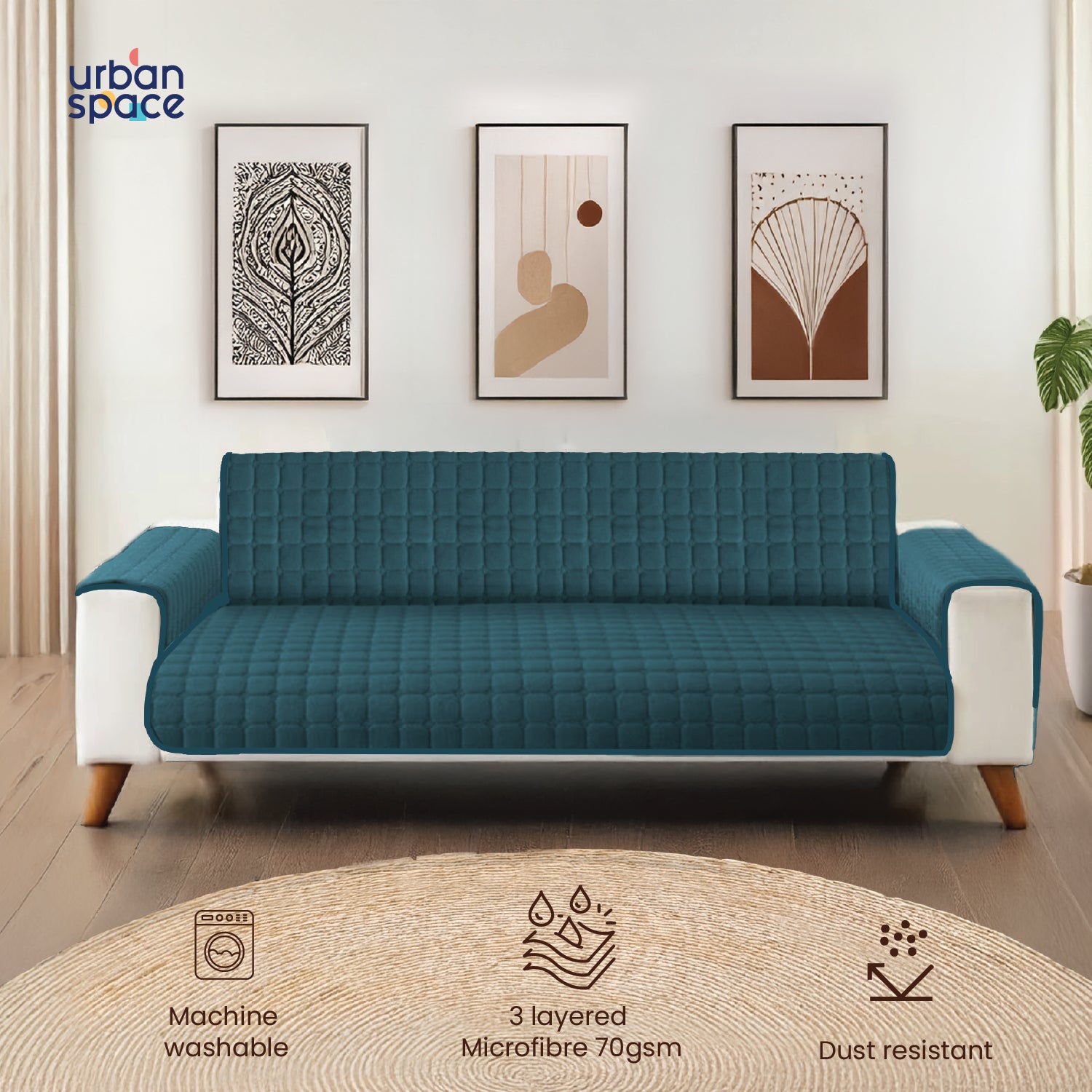 Quilted Sofa Cover, Non Slip & Washable, Comes With Side Pockets & Strap - Teal