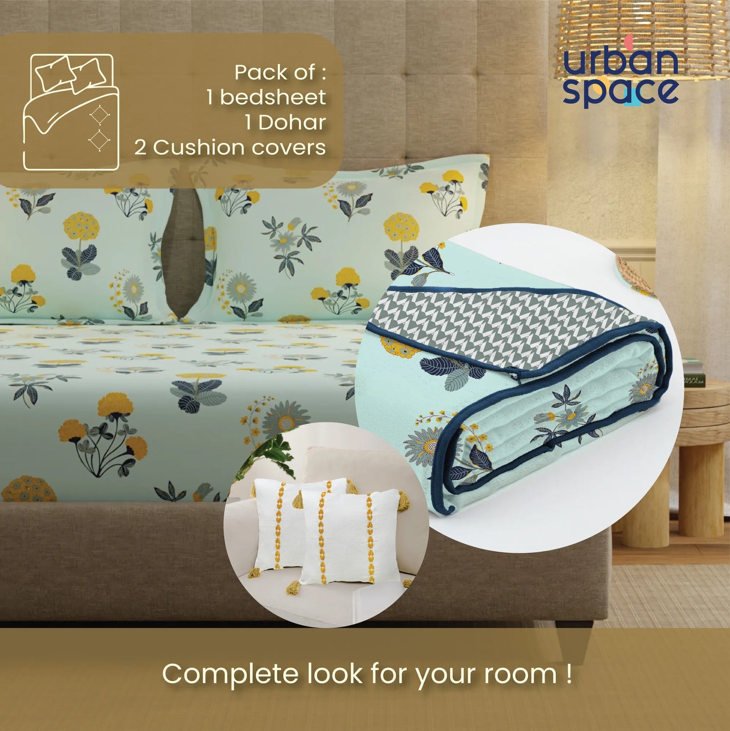 6 Pc Cotton Bedding Set in Gift Box, Radiance Sky Blue