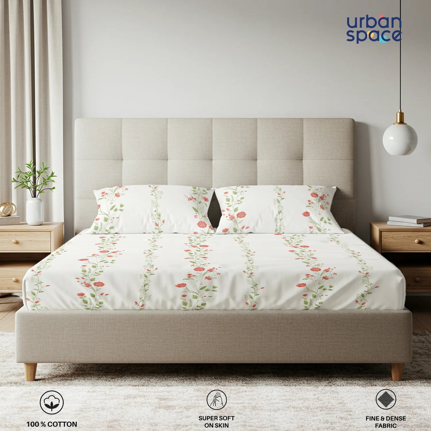 Fitted King Size Cotton Bedsheet - Veil Bloom- Peach