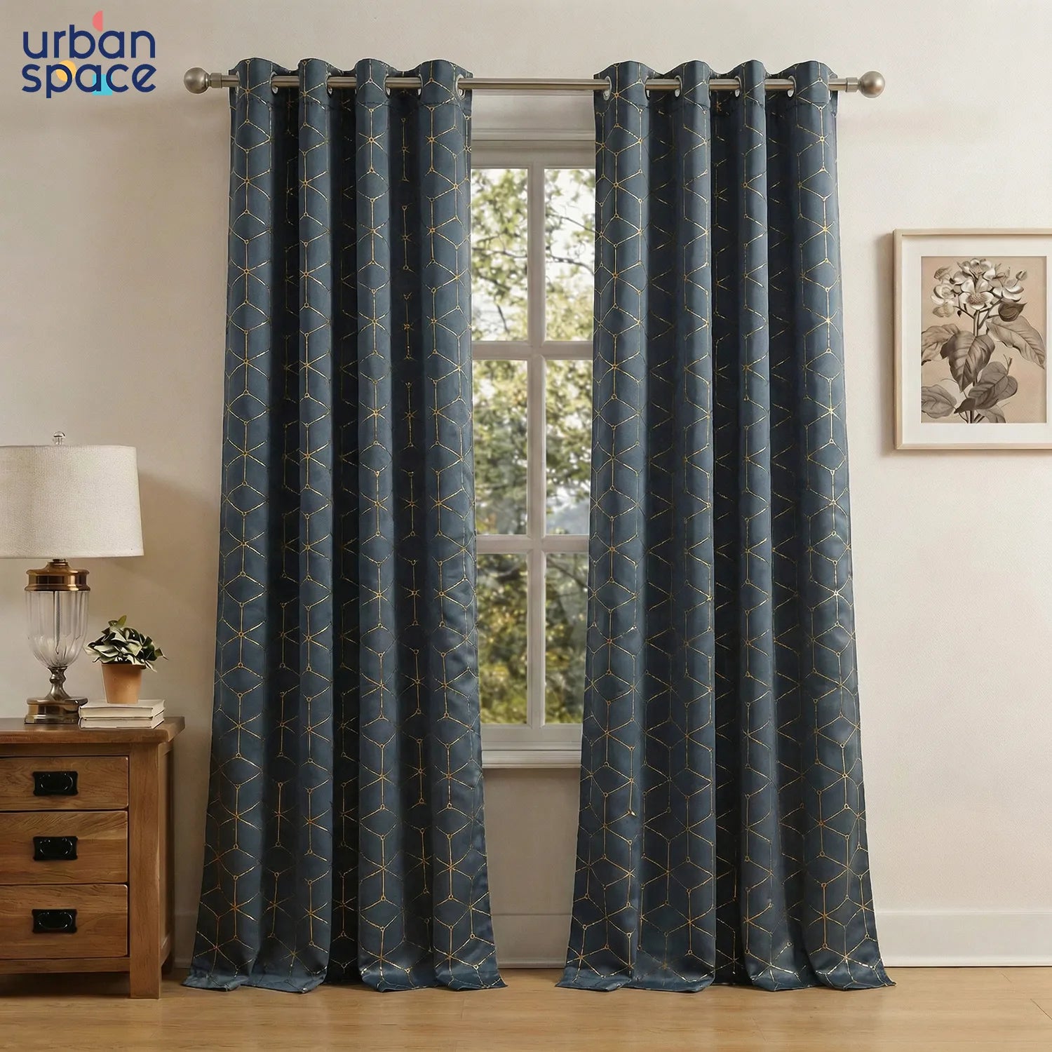 Gold Foil Printed 80-85% Blackout Curtains - Pack of 1 Curtain - Hexagon - Grey