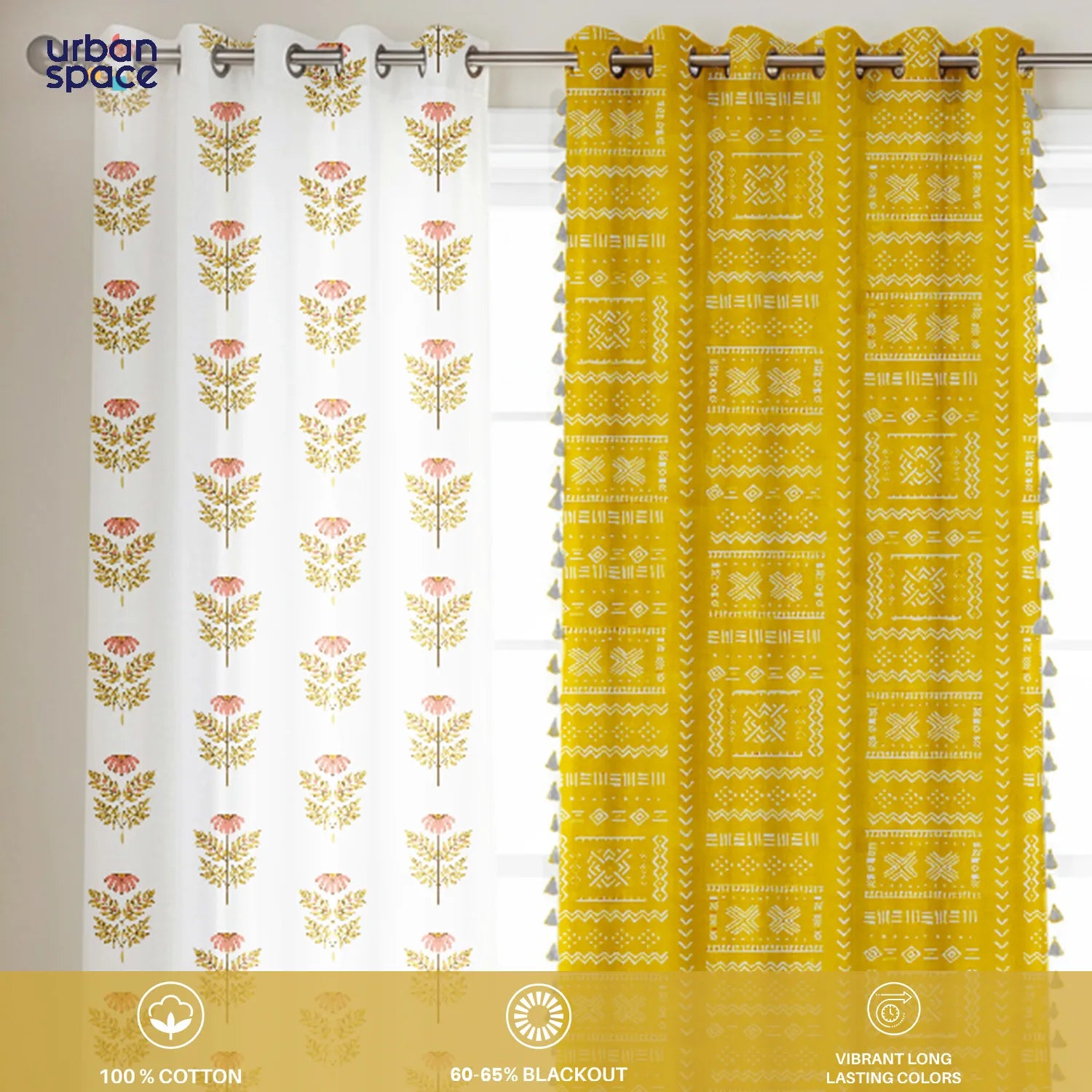 Amara Peach & Zahara Mustard Yellow Room Darkening Cotton Curtains Combo – Set of 3