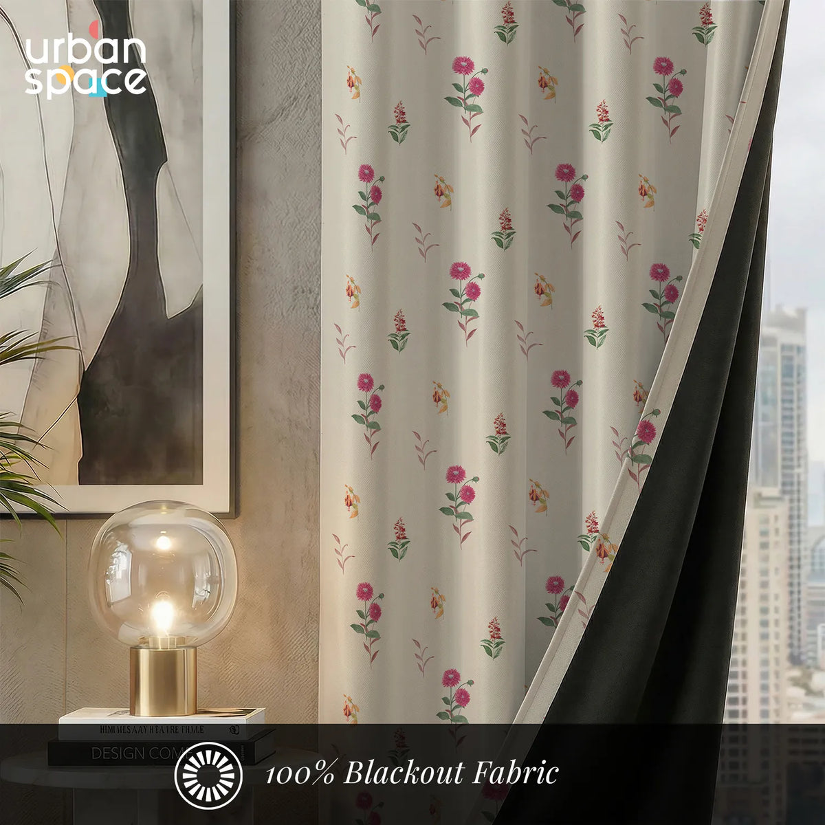 100% Blackout Curtains, Digital Printed Curtains, Pack of 2 Curtains - Cone Flower - Pink