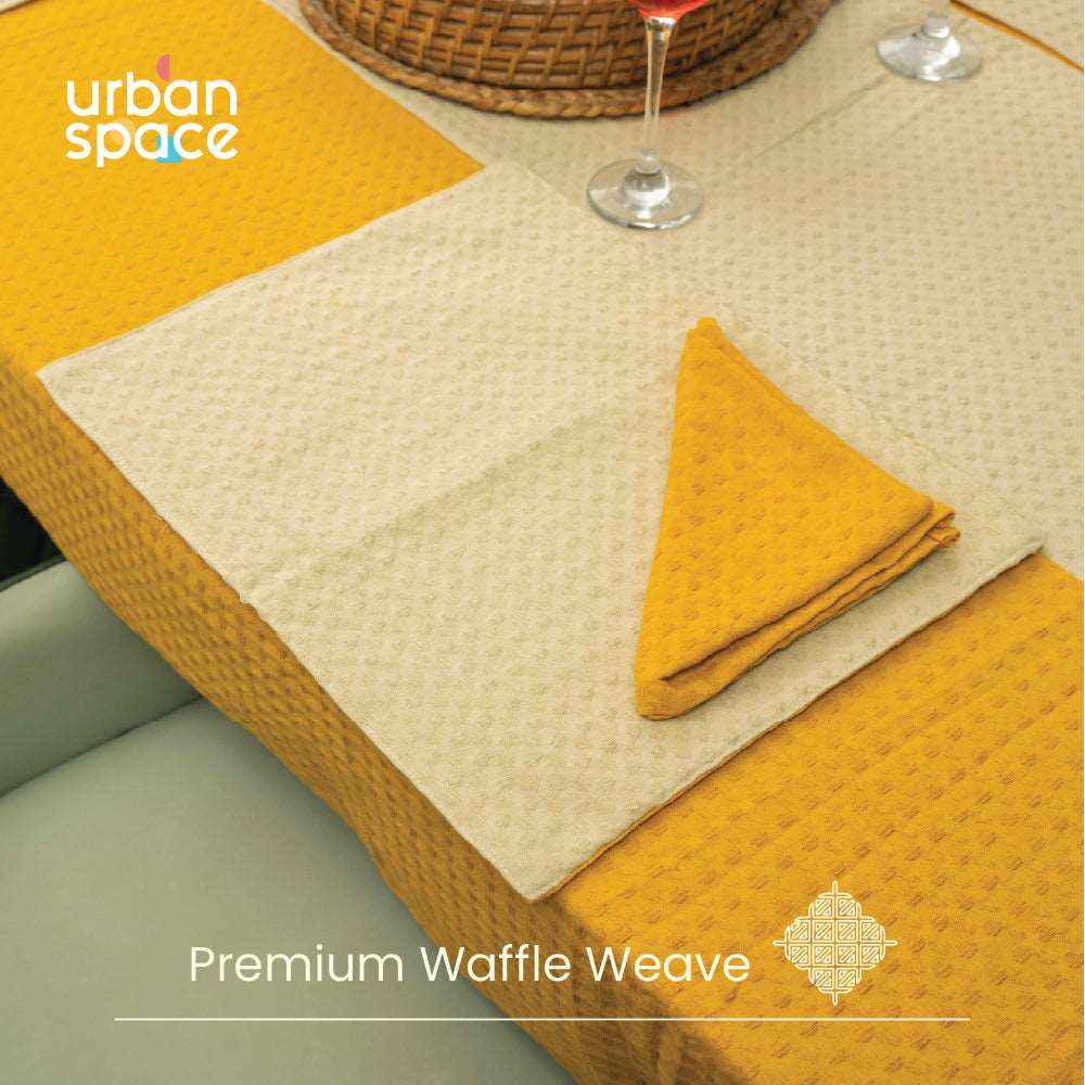 100% Cotton Waffle weave dining table cover Combo - 1 Table Cloth with Reversible Placemats and Matching solid-colored Napkins - Mustard & Beige