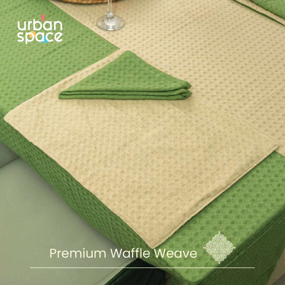 100% Cotton Waffle weave dining table cover Combo - 1 Table Cloth with Reversible Placemats and Matching solid-colored Napkins - Sage Green & Beige