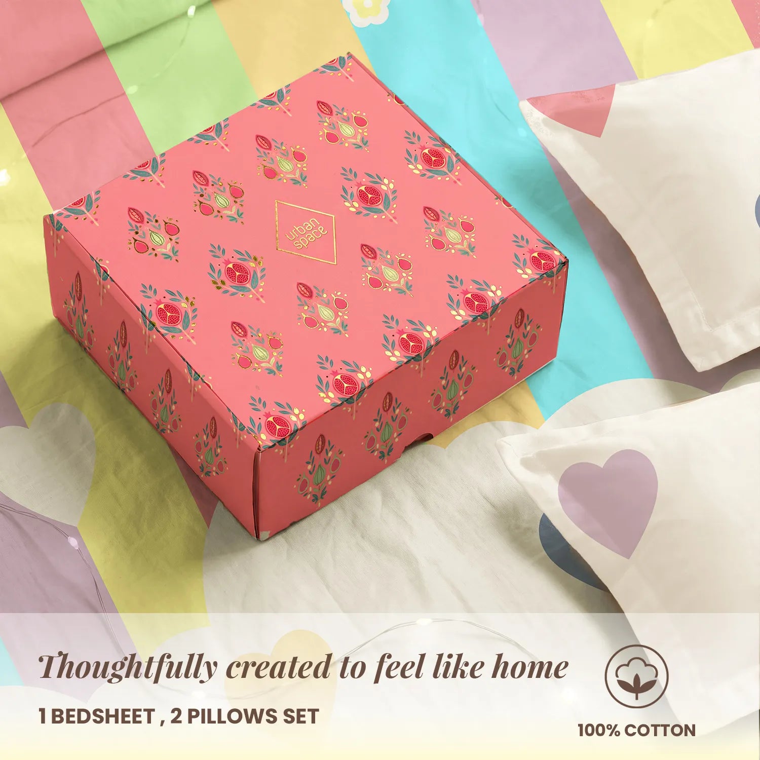 144 TC 100% Cotton Bedsheet Set in Gift Box - Rainbow Hearts