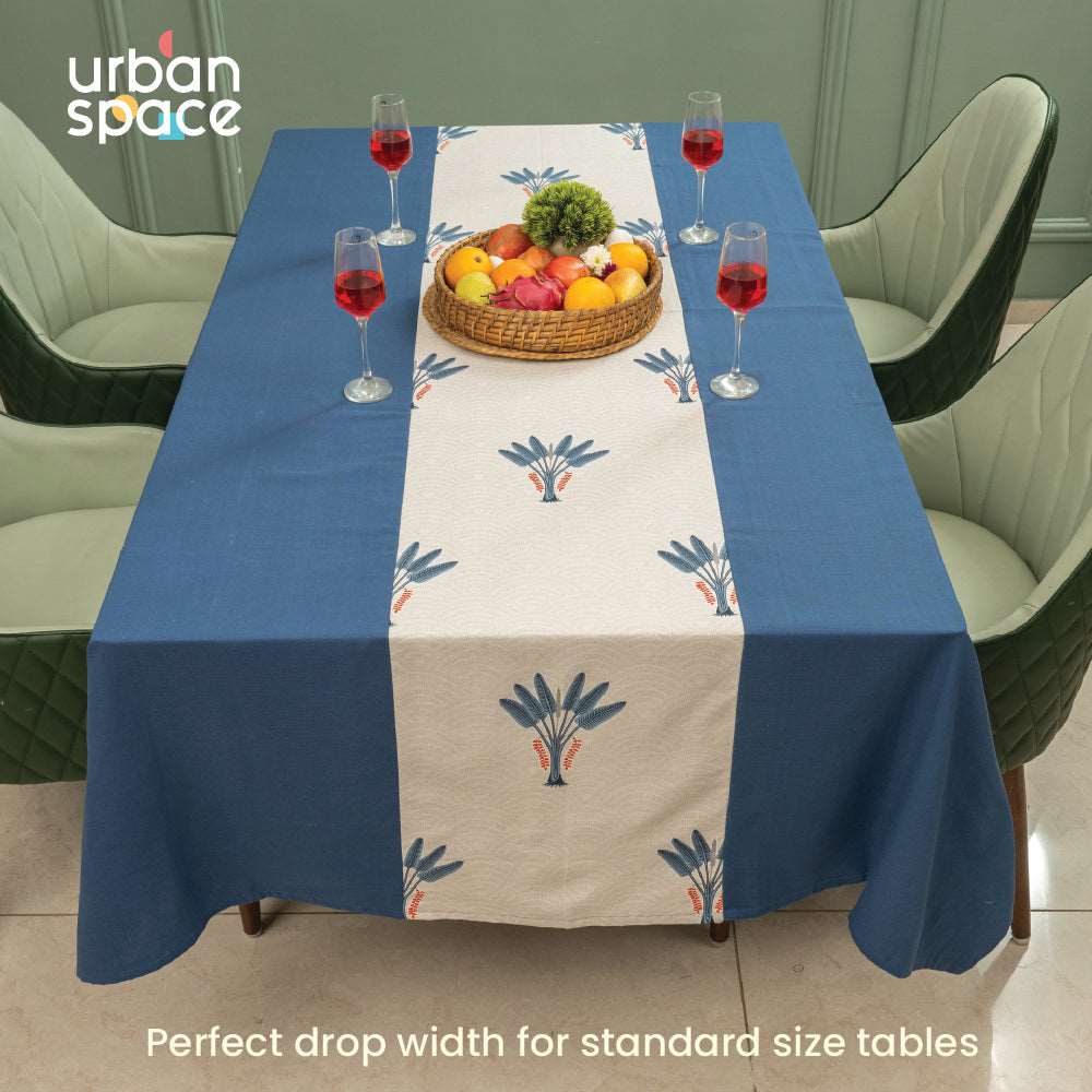 100% Cotton Dining table cover Combo - 1 Table Cloth with Reversible Placemats and Matching solid-colored Napkins - Palm Lagoon Indigo