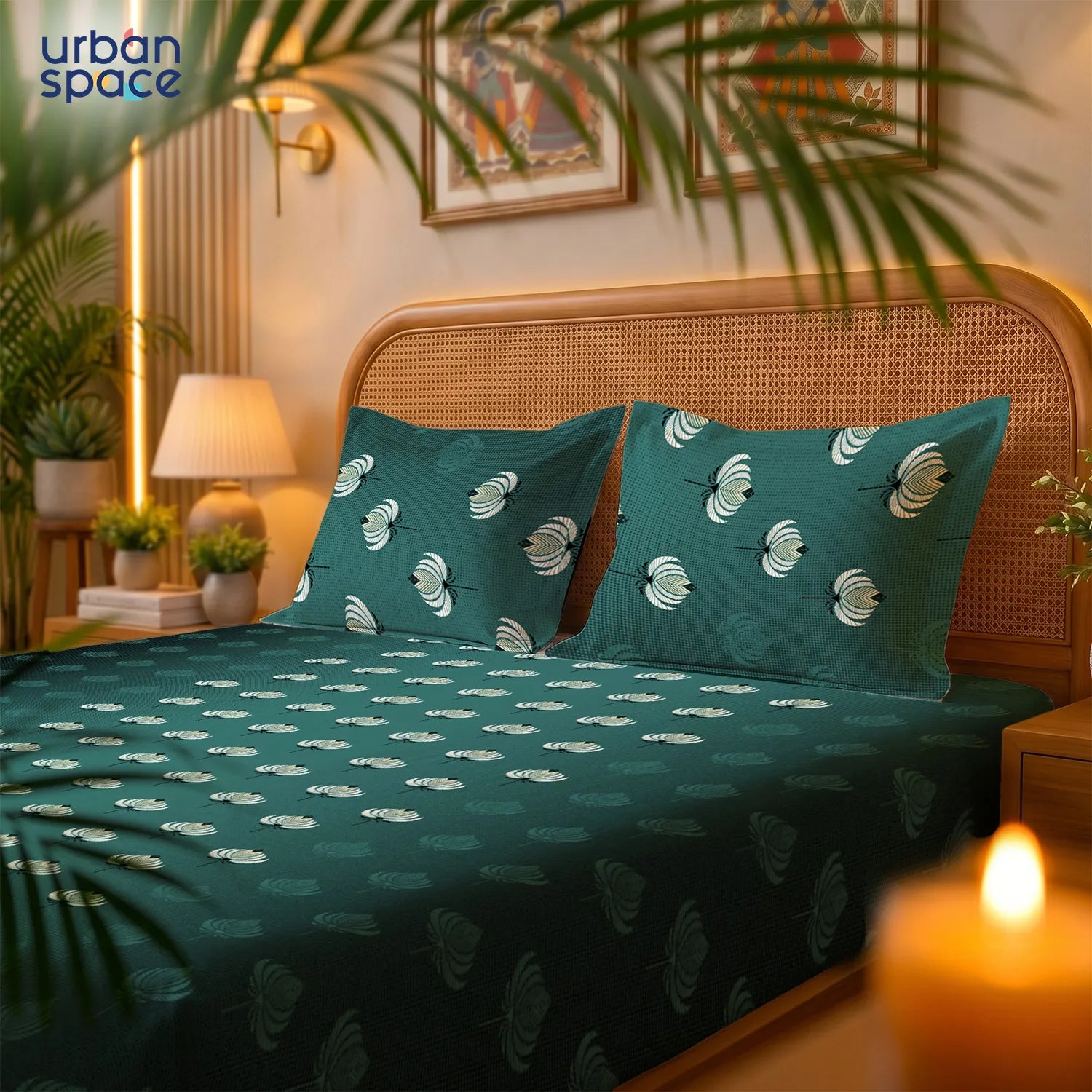 Serene 200 TC 100% Cotton Bedsheet with Pillow Covers - Midnight Lotus Deep Jade Green