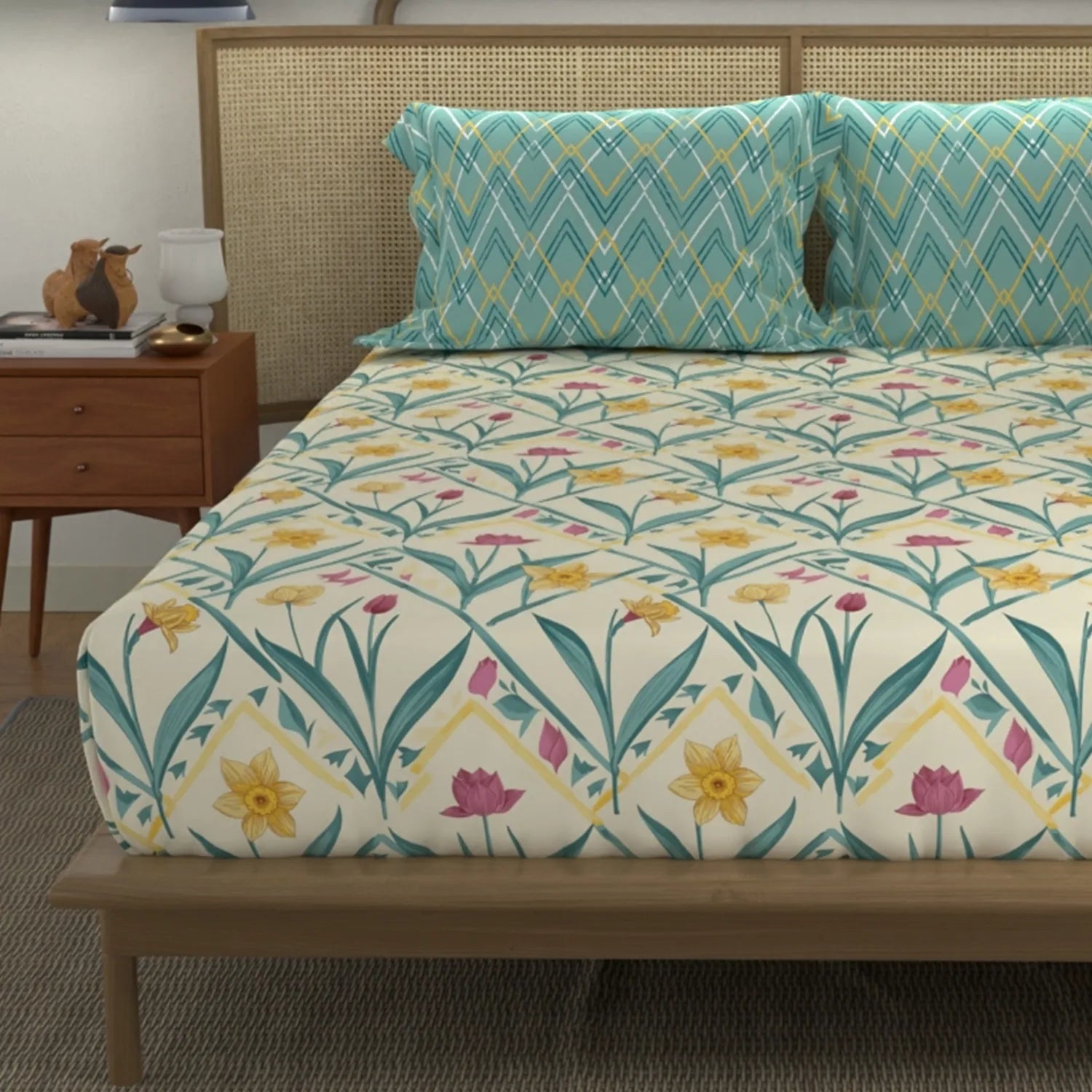 Divine Collection - Cotton Bedsheet With 2 Pillow Covers, Spring Turquoise