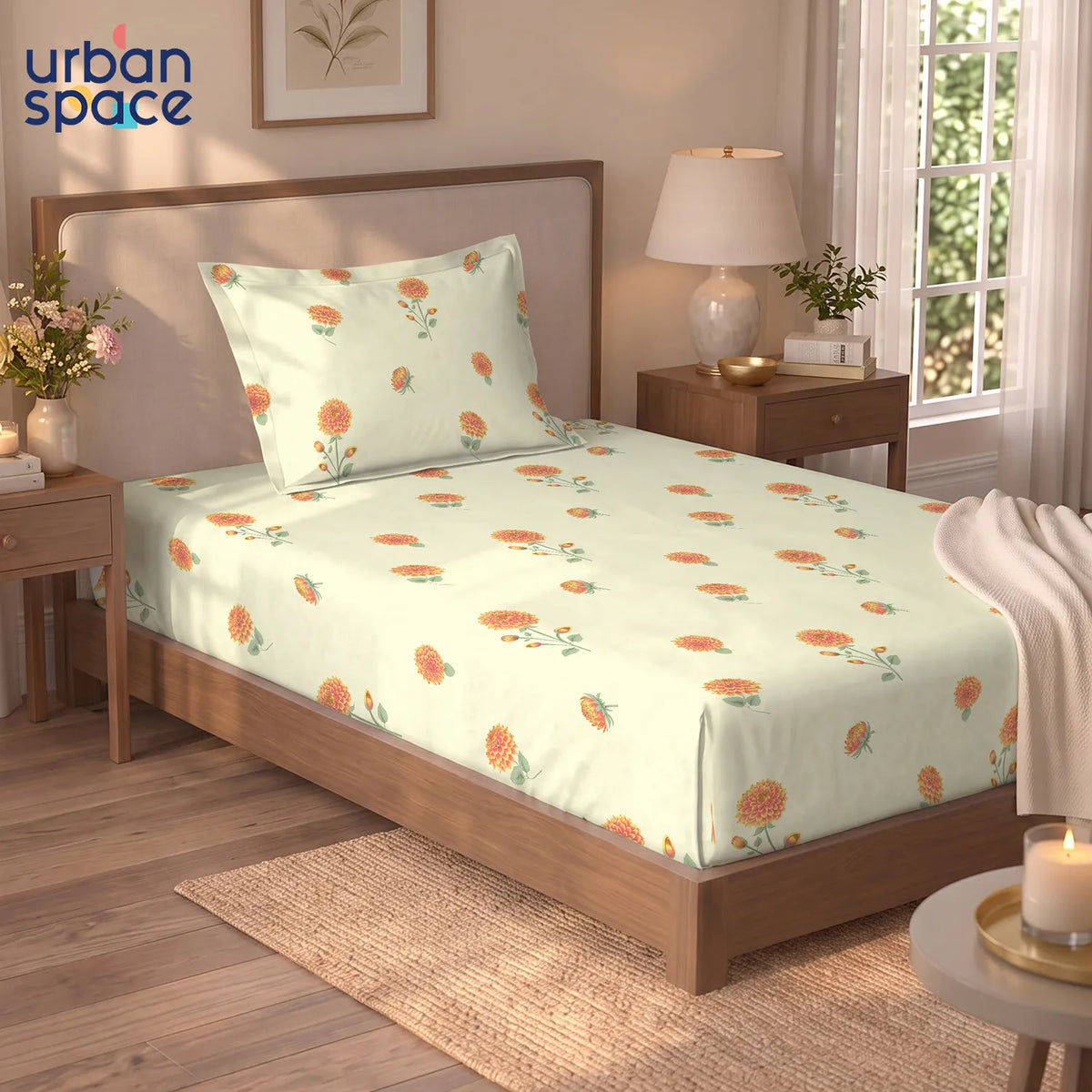 Serene 300 TC 100% Cotton Single Bedsheet with Pillow Covers - Postcard Home Peach