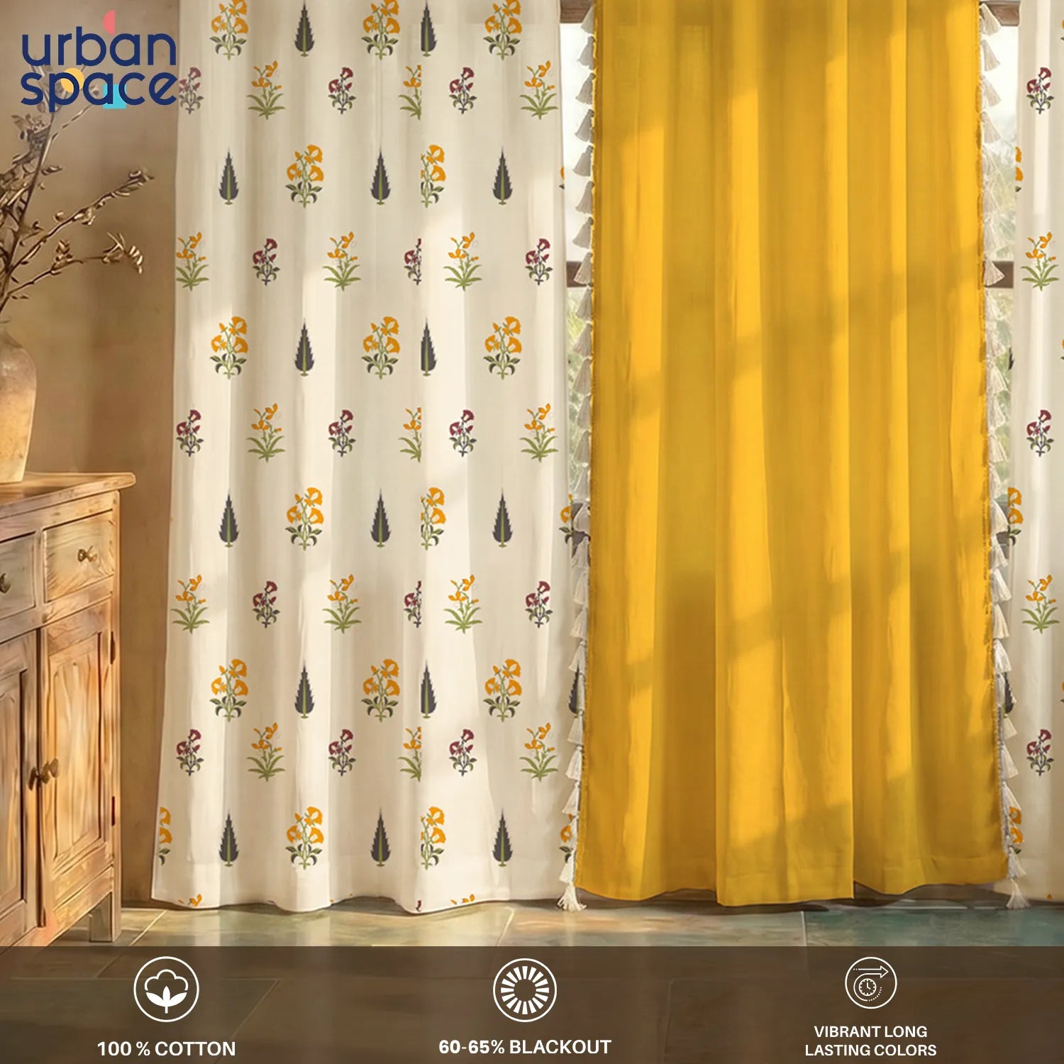 Cotton Curtains Combo, Set of 3 curtains, 60-65% Room Darkening Curtain - High Garden & Aura Yellow