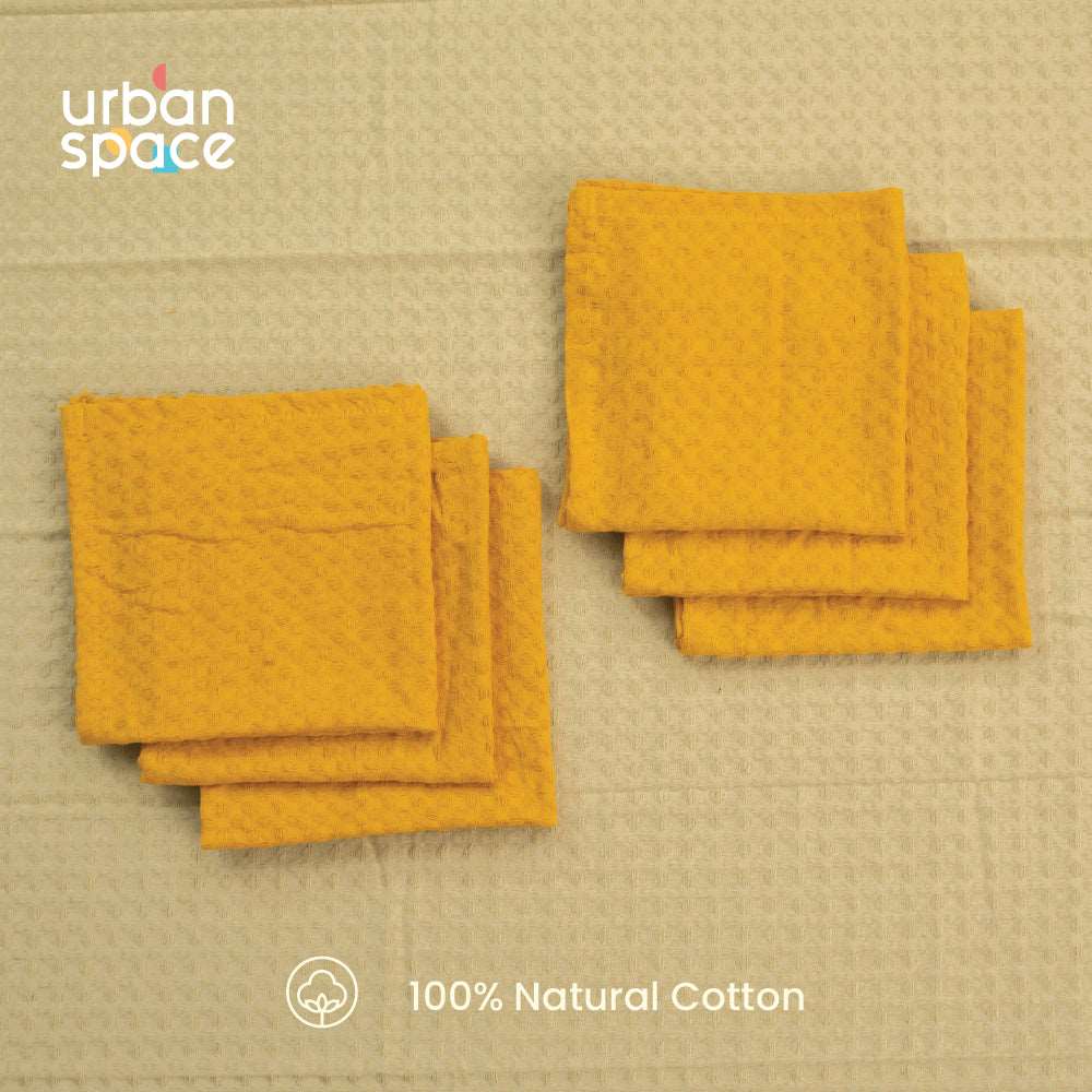 100% Cotton Waffle Multipurpose Kitchen Napkins, Dining Table Napkins, Machine Washable & Reusable - Set of 6 - Mustard