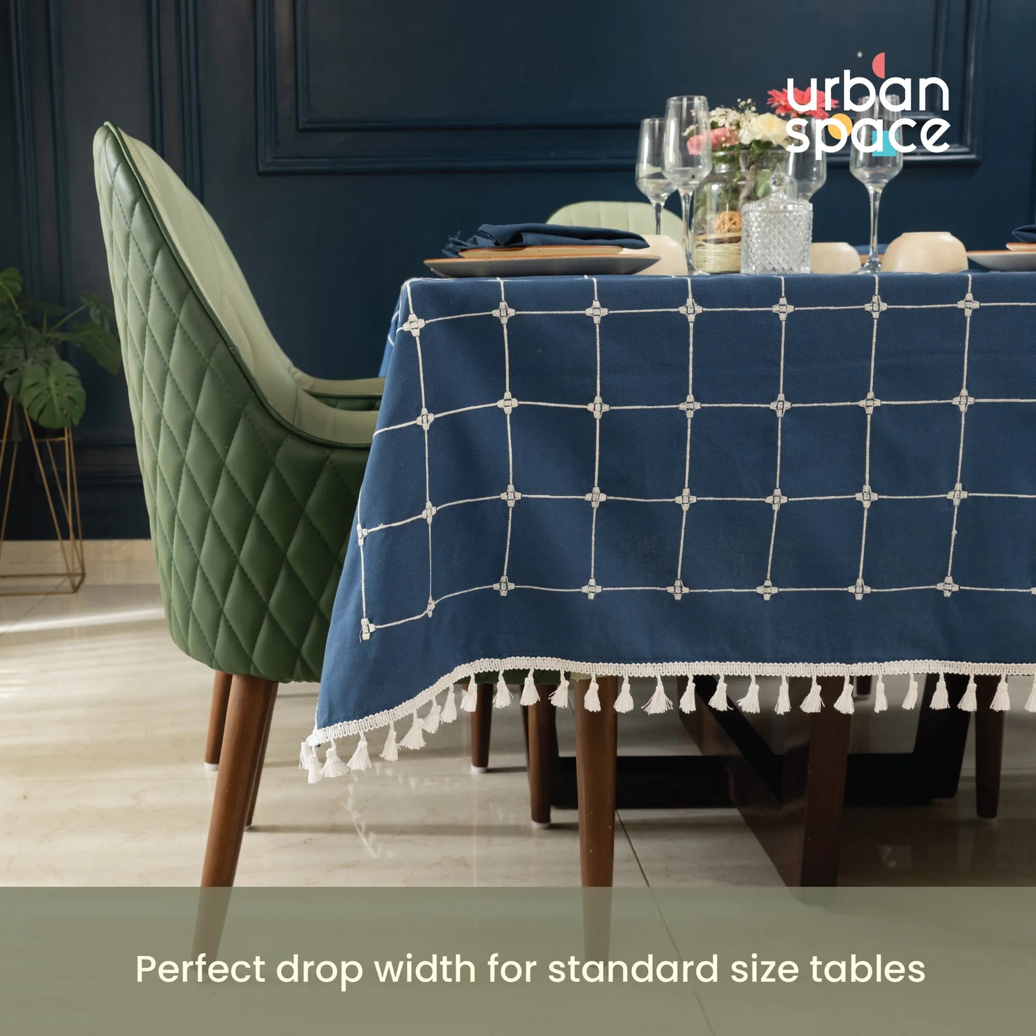 Embroidered Cotton Dining Table, 4 & 6 Seater Table Covers - Aura Checks Indigo