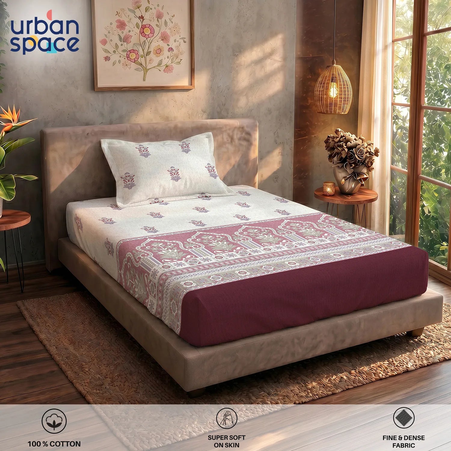 Serene 200 TC 100% Cotton Single Bedsheet with Pillow Covers - Palace Dusty Pink
