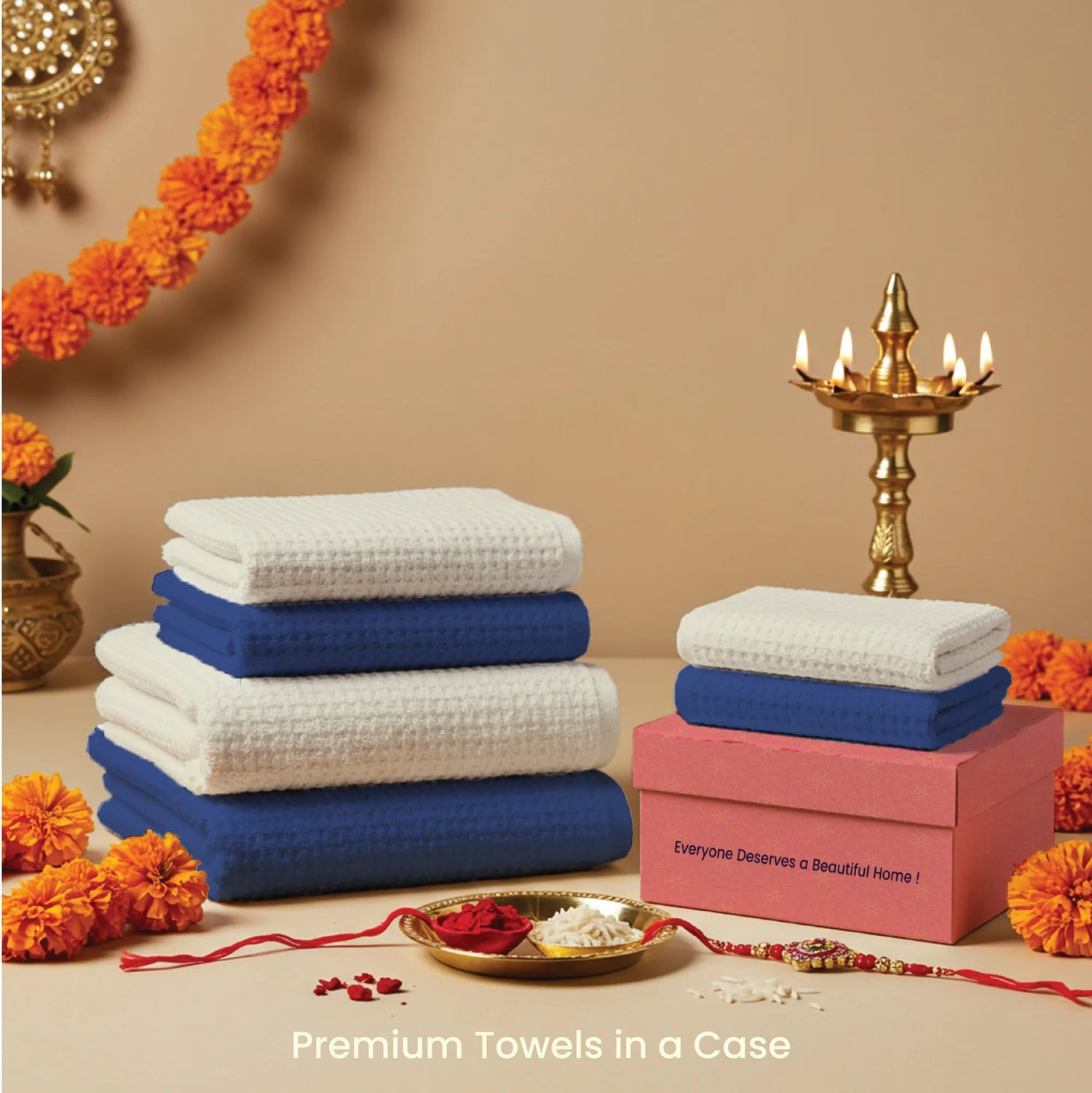 6-Piece Towel Set, Skin Friendly and Quick Dry, in Gift Box, Navy Blue & Beige