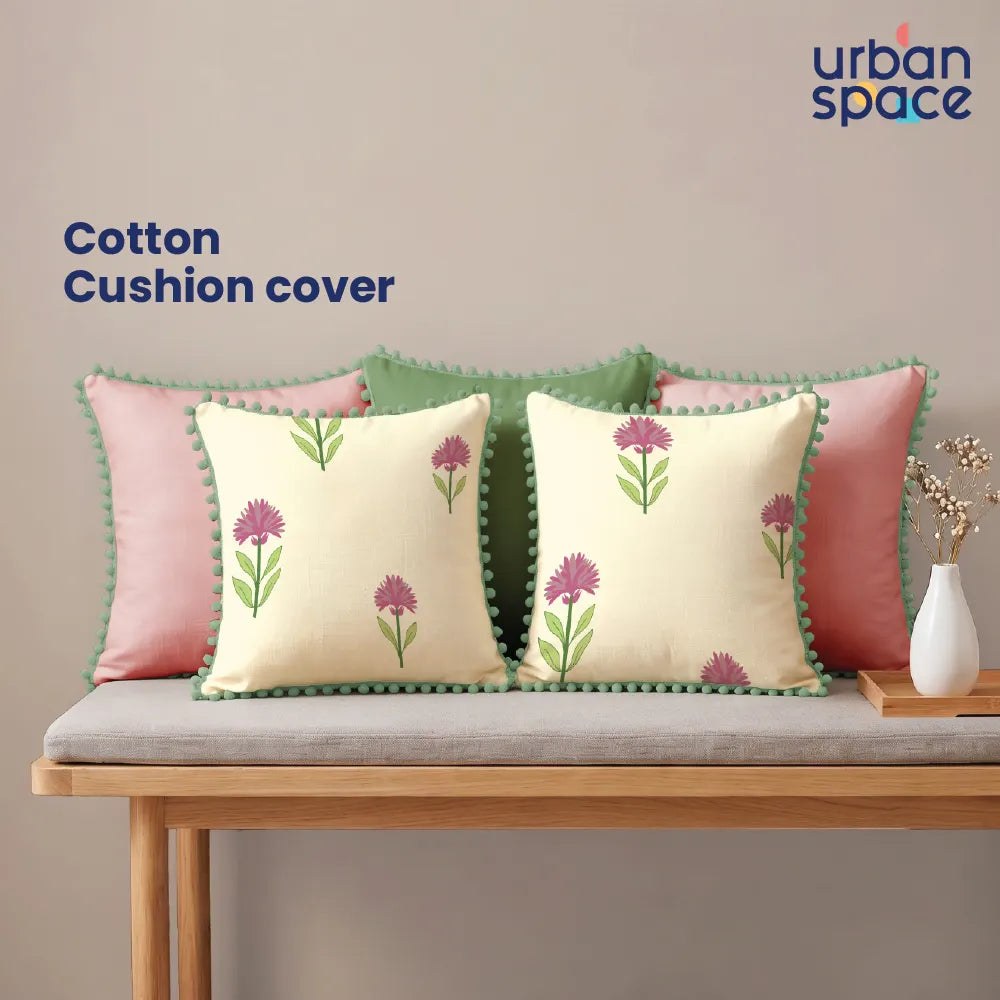 Festive Cushion Covers for Sofa & Couch, Set of 5 - Aster Pink, Aura Pink & Green with Pom