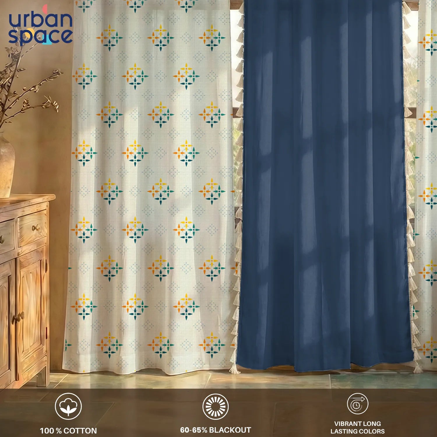 Cotton Curtains Combo, Set of 3 curtains, 60-65% Room Darkening Curtain - Blue & Aura Indigo