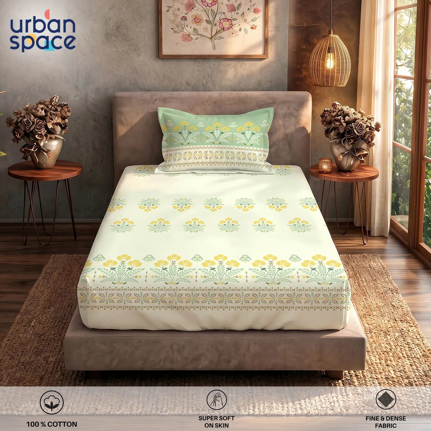 Serene 200 TC 100% Cotton Single Bedsheet with Pillow Covers - Malhaar Sage Green