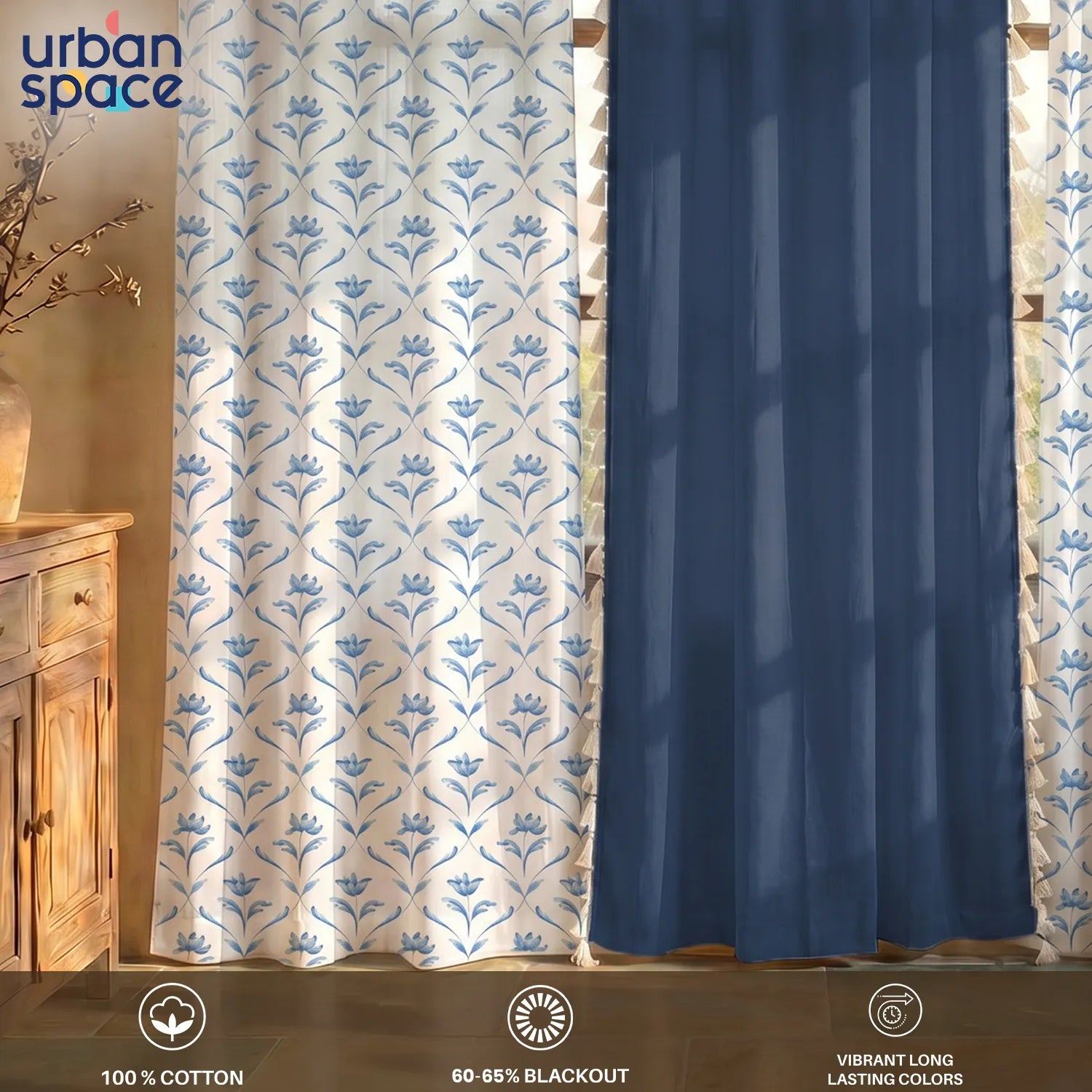 Cotton Curtains Combo, Set of 3 curtains, 60-65% Room Darkening Curtain - Water Lily Blue & Aura Indigo