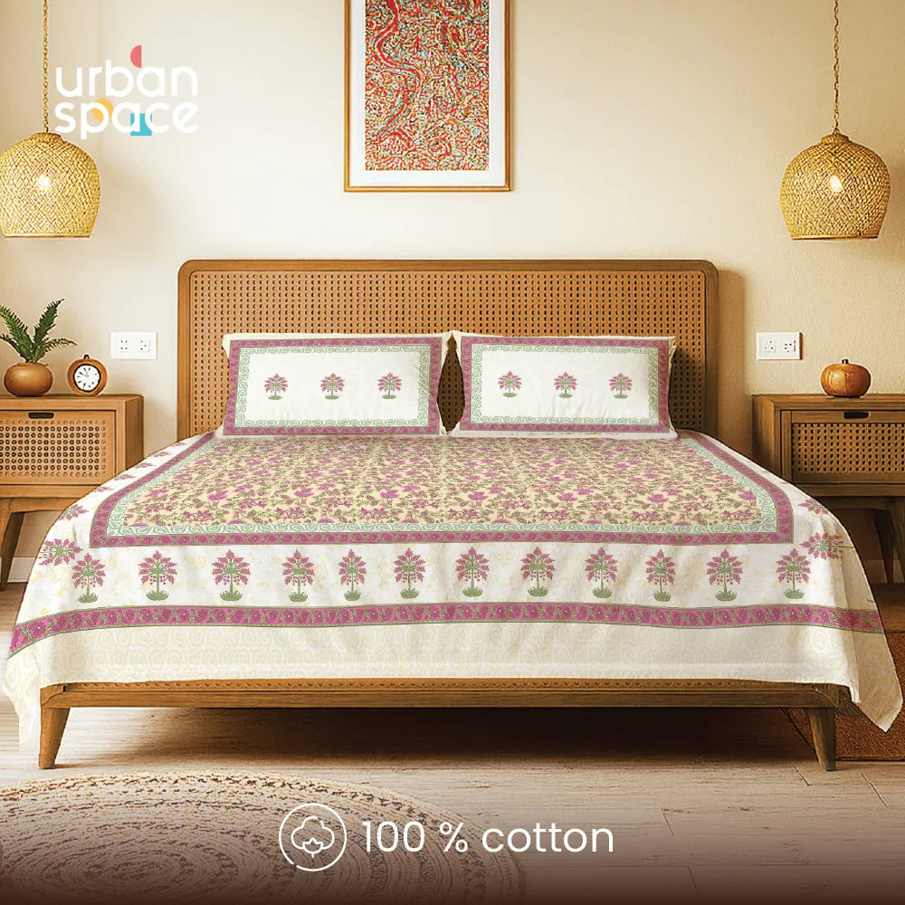Rajasthani Ethnic 100% Cotton Bedsheet with 2 Pillow Covers, Double & King Bed - Noor Mahal Yellow
